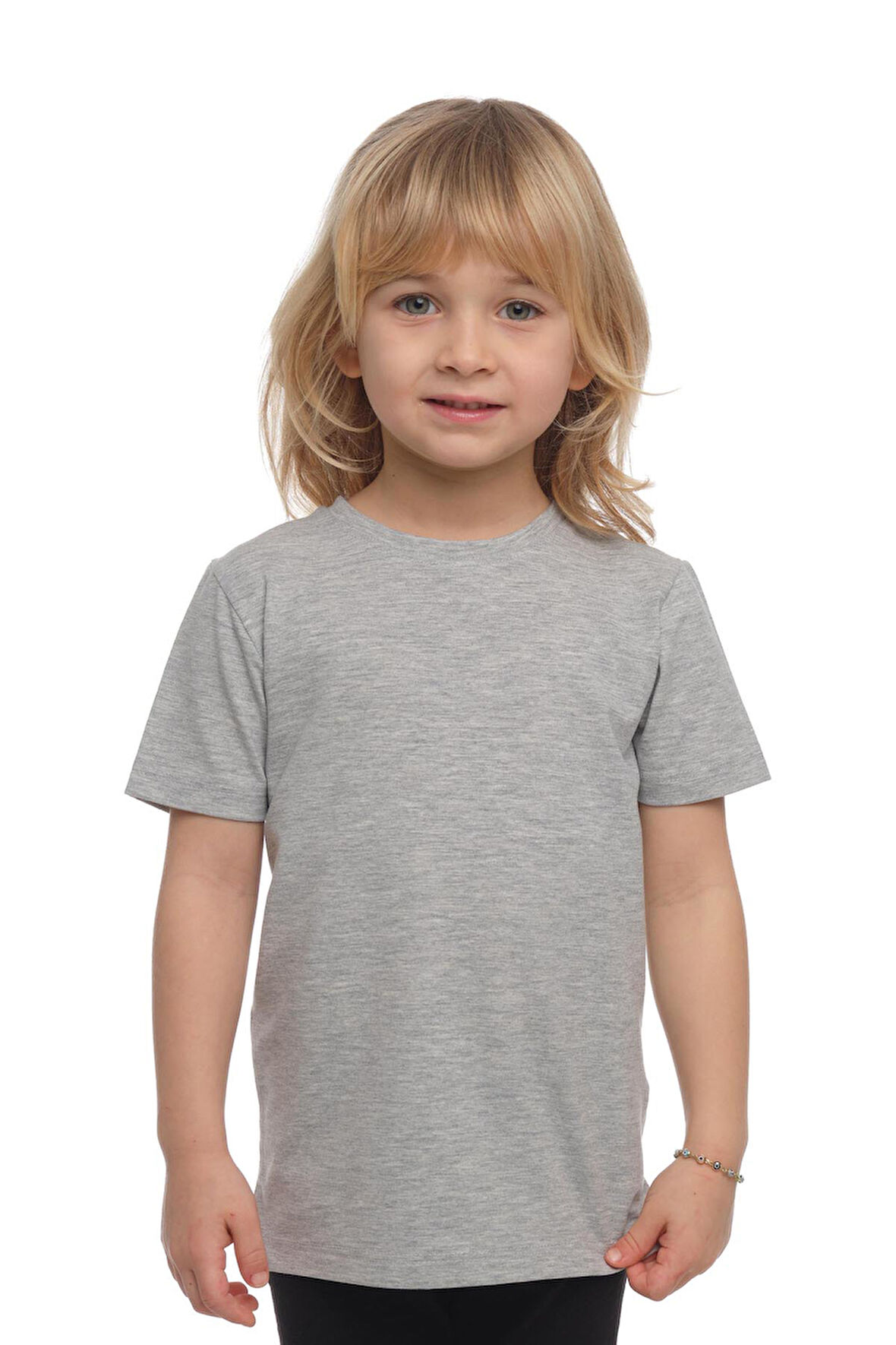 Açık Gri Basic Unisex Çocuk Sıfır Yaka Kısa Kollu Tişört