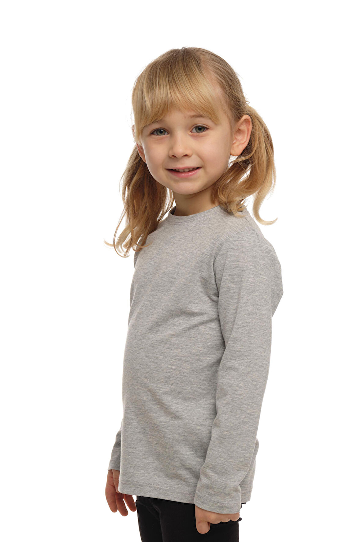 Açık Gri Basic Unisex Çocuk Mevsimlik Sıfır Yaka Uzun Kollu Tişört