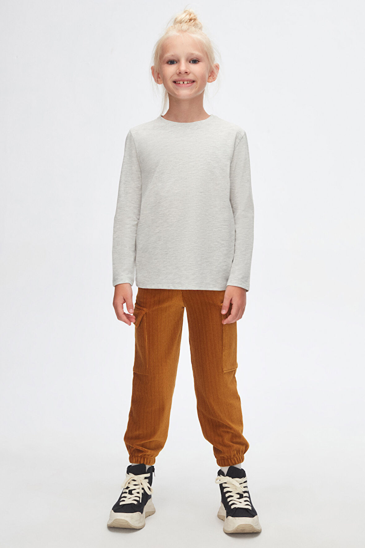 Ay Grisi Basic Unisex Çocuk Mevsimlik Sıfır Yaka Uzun Kollu Tişört