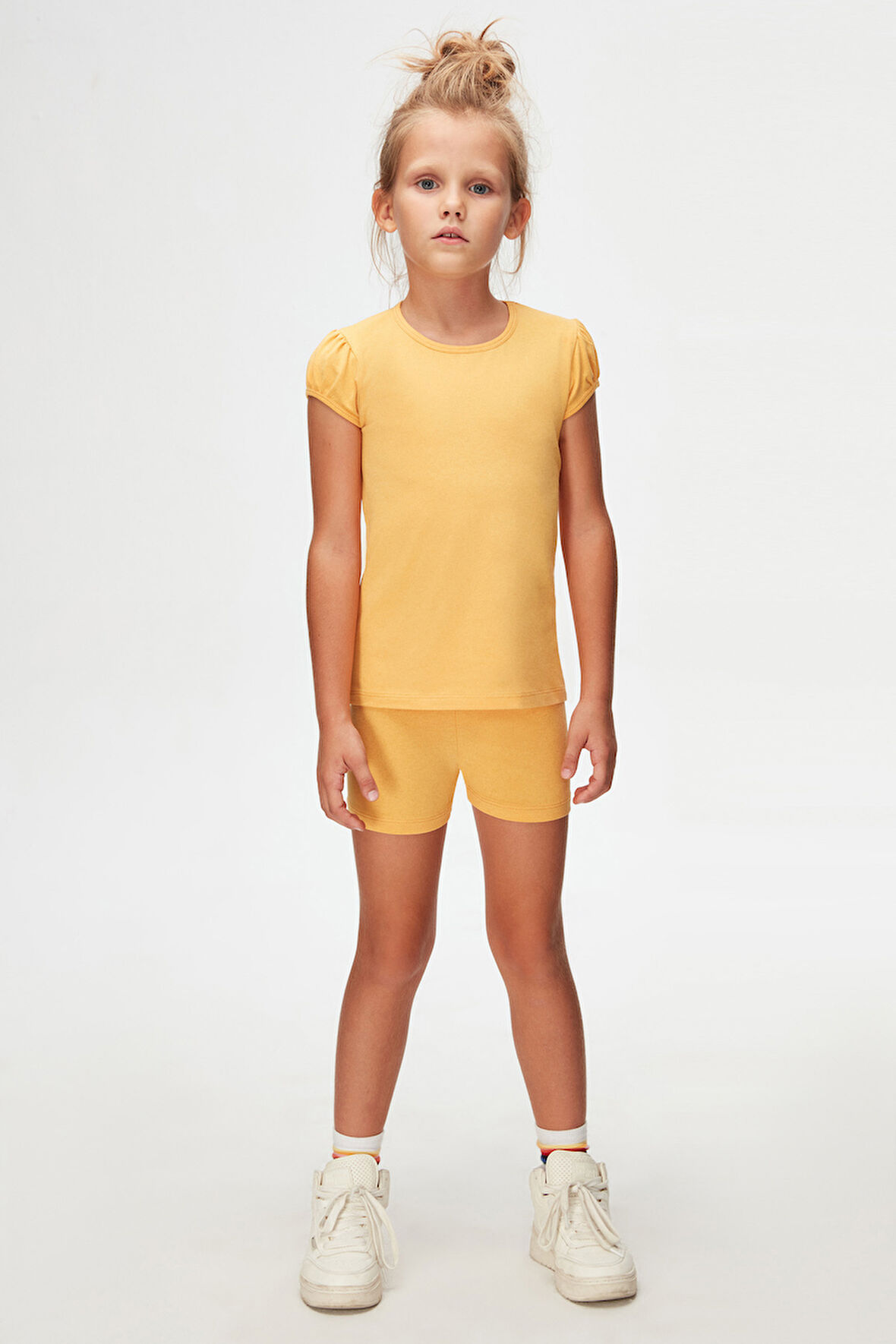 Kavun Sarı Basic Kız Çocuk Sıfır Yaka Karpuz Kol Tişört