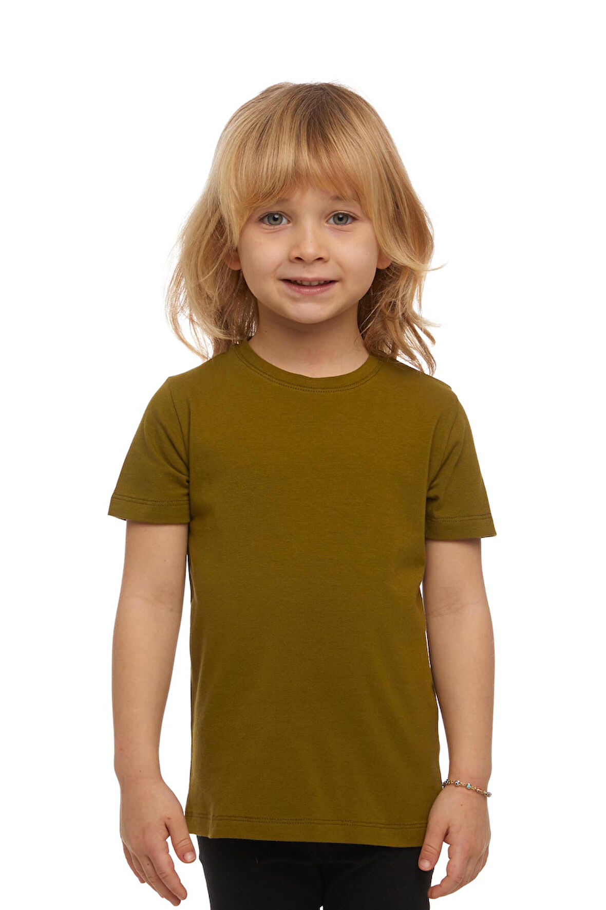 Zeytin Yeşili Basic Unisex Çocuk Sıfır Yaka Kısa Kollu Tişört