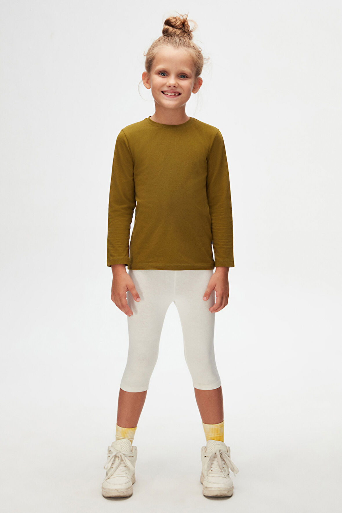 Zeytin Yeşili Basic Unisex Çocuk Mevsimlik Sıfır Yaka Uzun Kollu Tişört