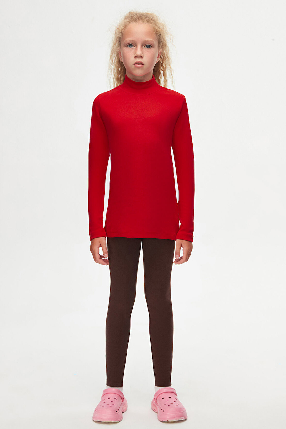 Kırmızı Basic Kışlık Yarım Balıkçı Yaka Uzun Kollu Kız Çocuk Tişört