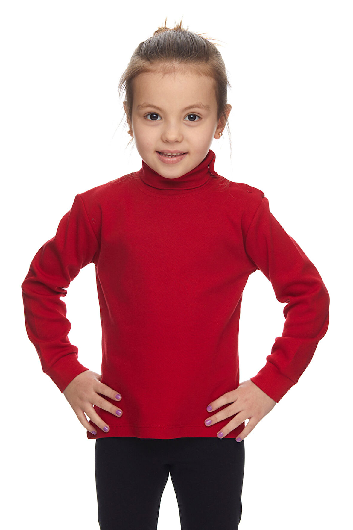 Kırmızı Basic Kız Çocuk Çıtçıtlı Tam Balıkçı Yaka Şardonlu Kışlık Uzun Kollu Tişört