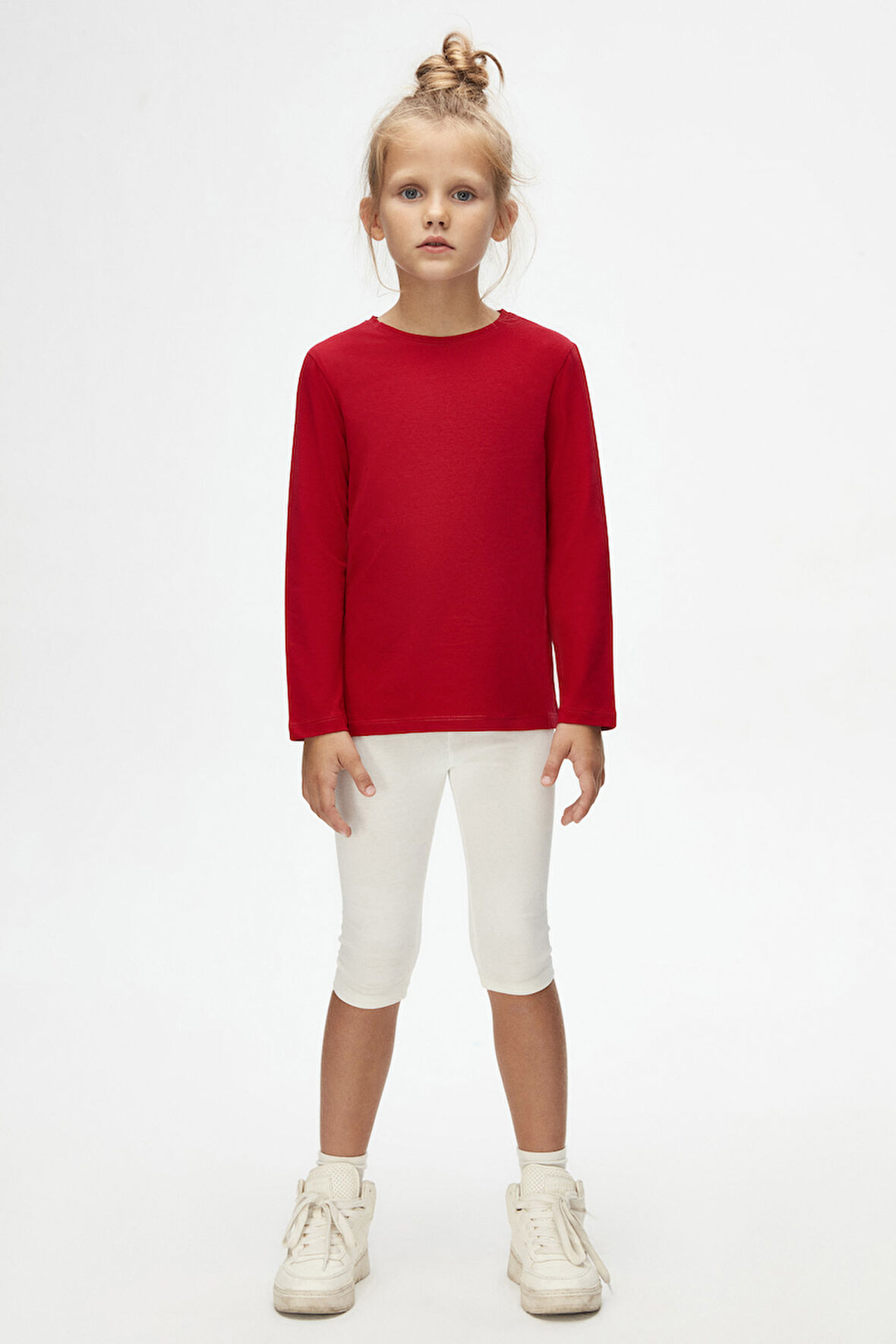 Kırmızı Basic Unisex Çocuk Mevsimlik Sıfır Yaka Uzun Kollu Tişört