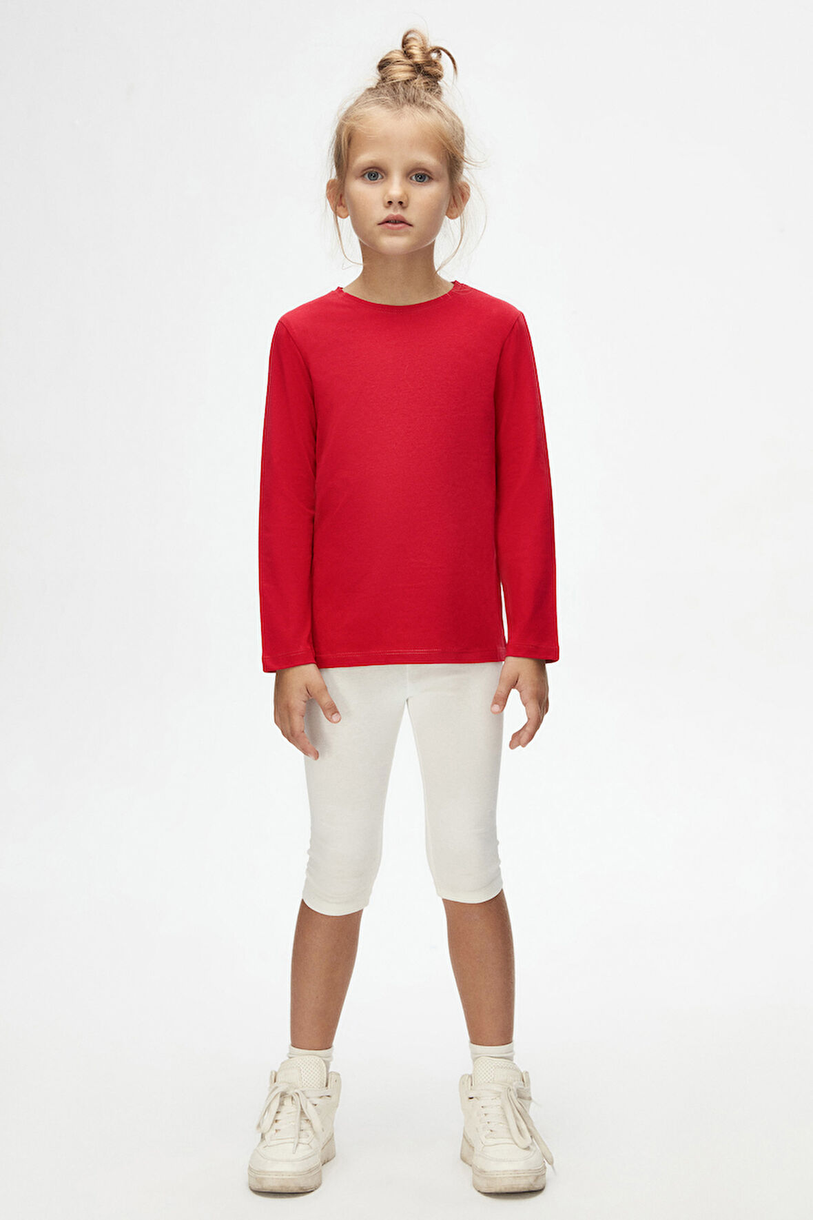 Açık Kırmızı Basic Unisex Çocuk Mevsimlik Sıfır Yaka Uzun Kollu Tişört