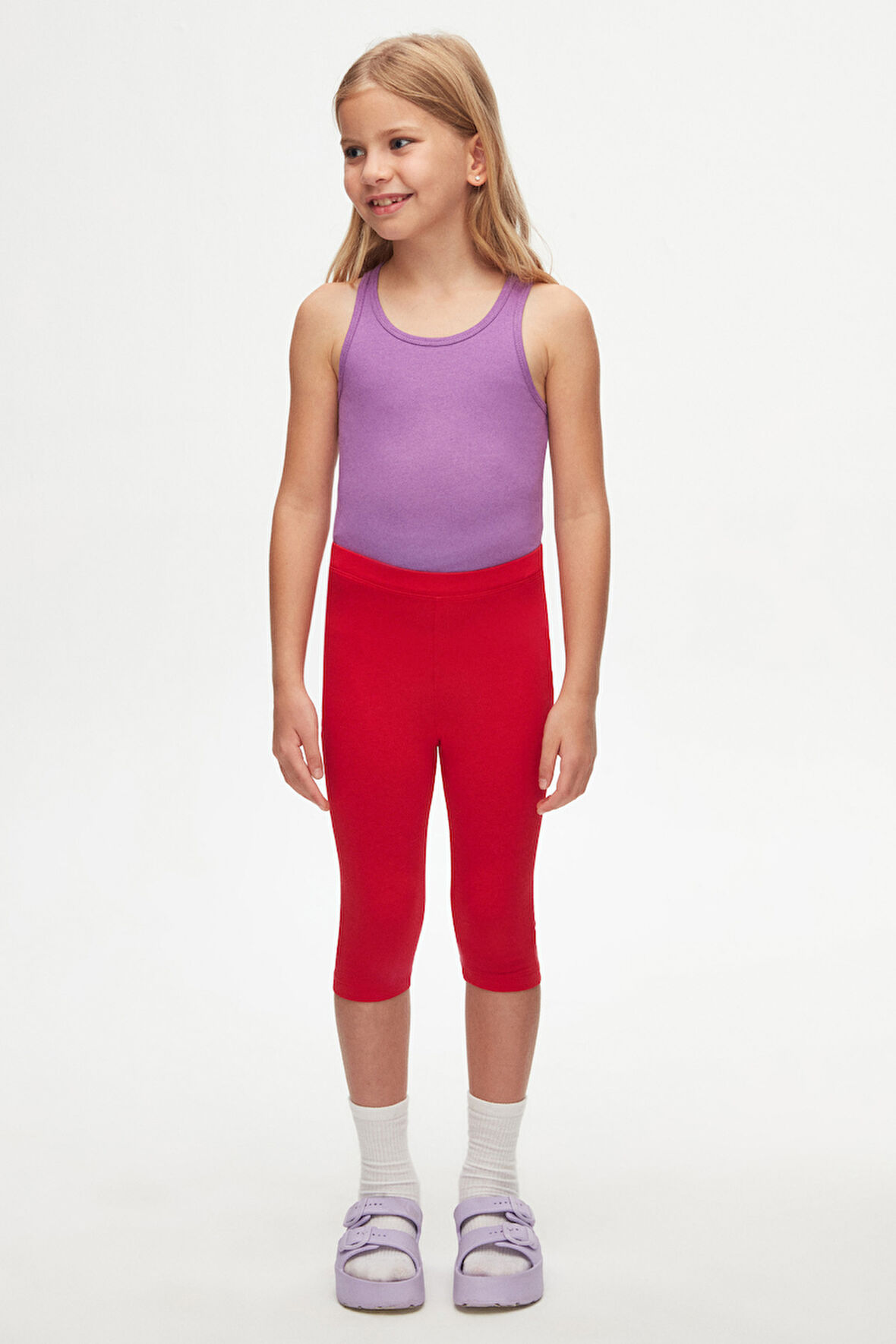 Açık Kırmızı Basic Kız Çocuk Diz Altı Tayt Kapri