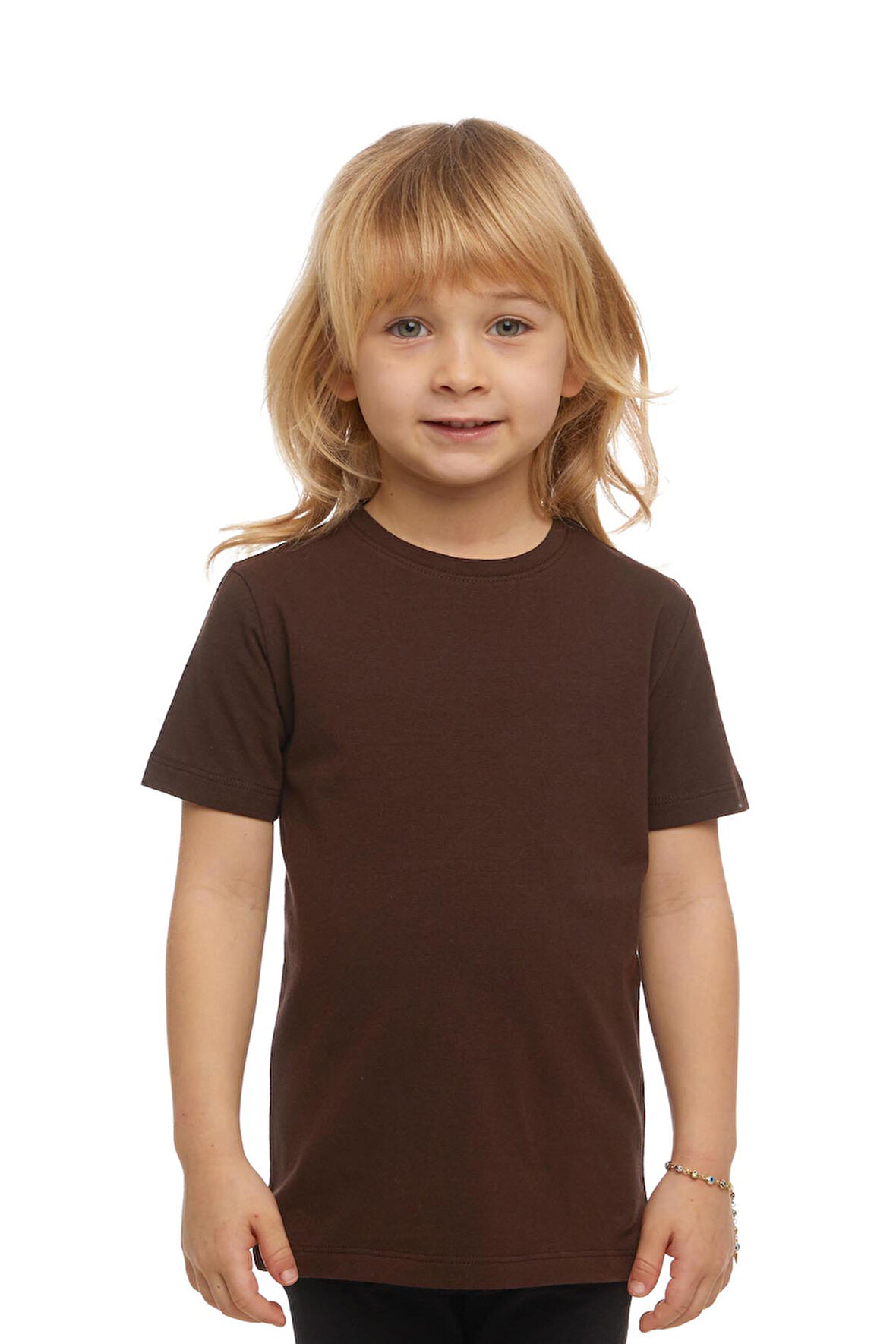 Kahverengi Basic Unisex Çocuk Sıfır Yaka Kısa Kollu Tişört