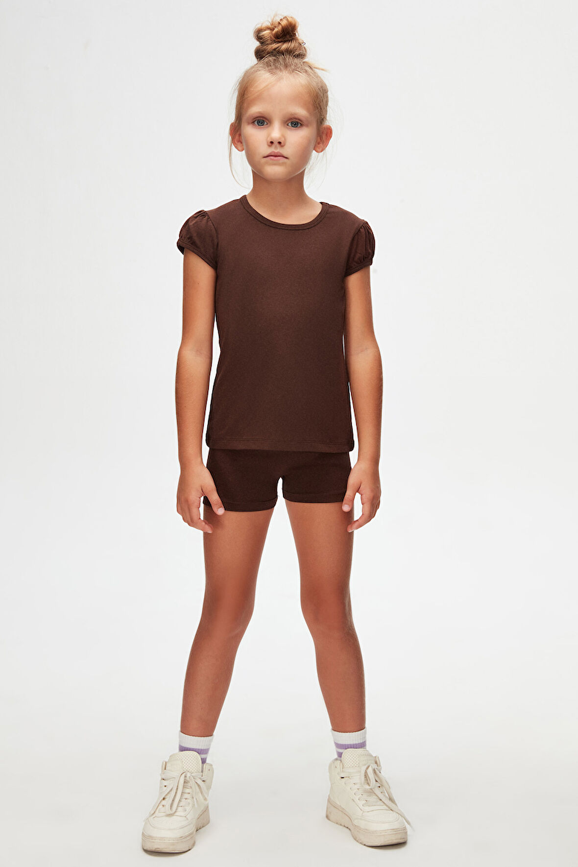 Kahverengi Basic Kız Çocuk Sıfır Yaka Karpuz Kol Tişört