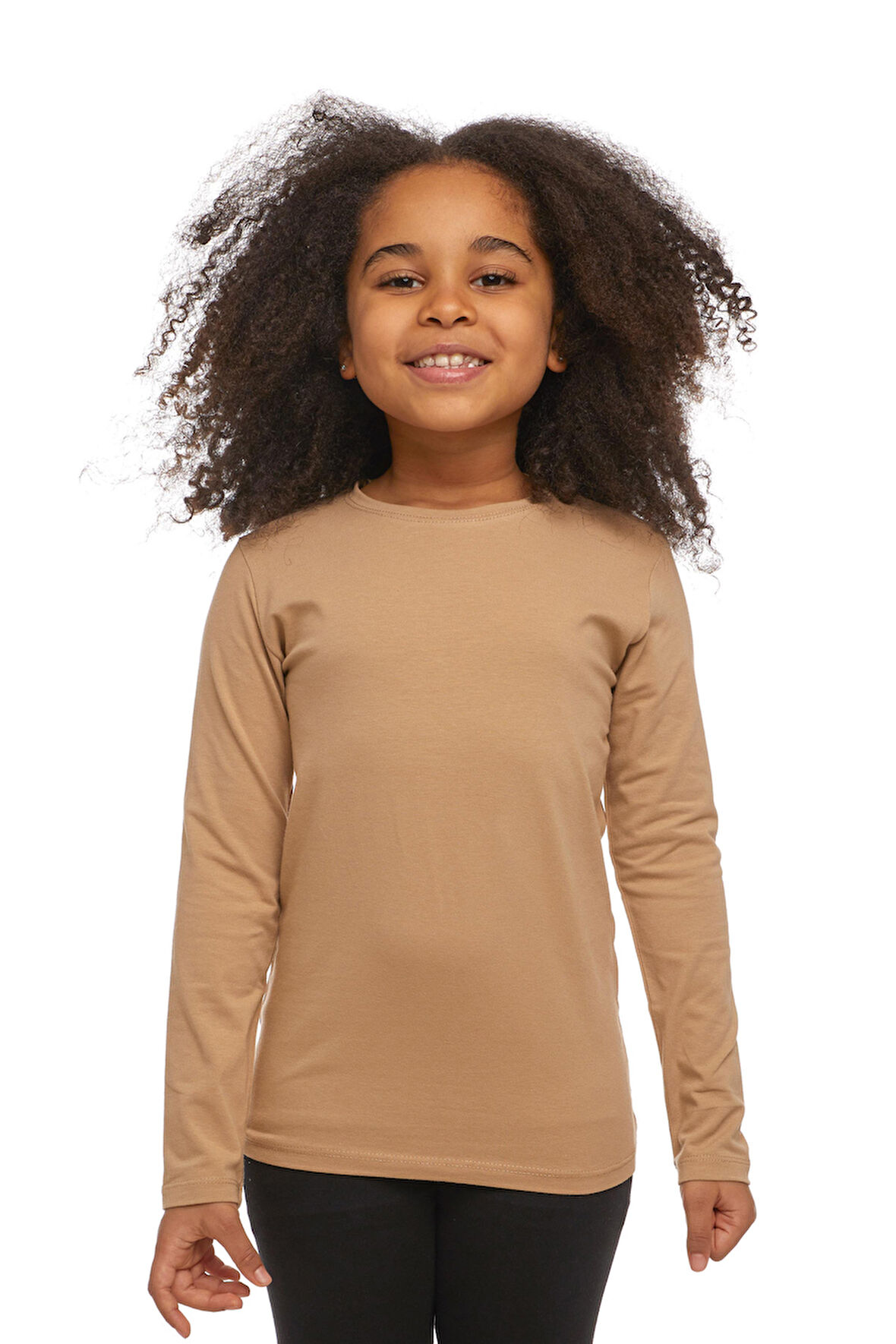 Sütlü Kahve Basic Unisex Çocuk Mevsimlik Sıfır Yaka Uzun Kollu Tişört