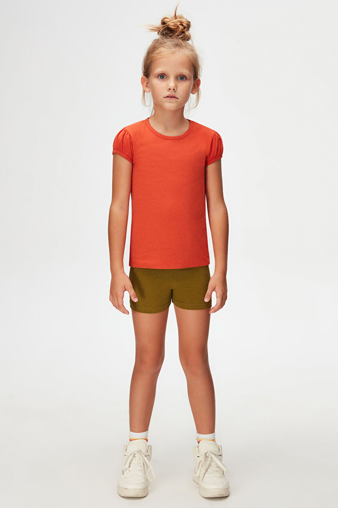 Kiremit Basic Kız Çocuk Sıfır Yaka Karpuz Kol Tişört