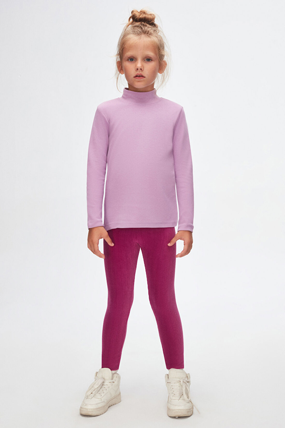 Lila Basic Kışlık Yarım Balıkçı Yaka Uzun Kollu Kız Çocuk Tişört