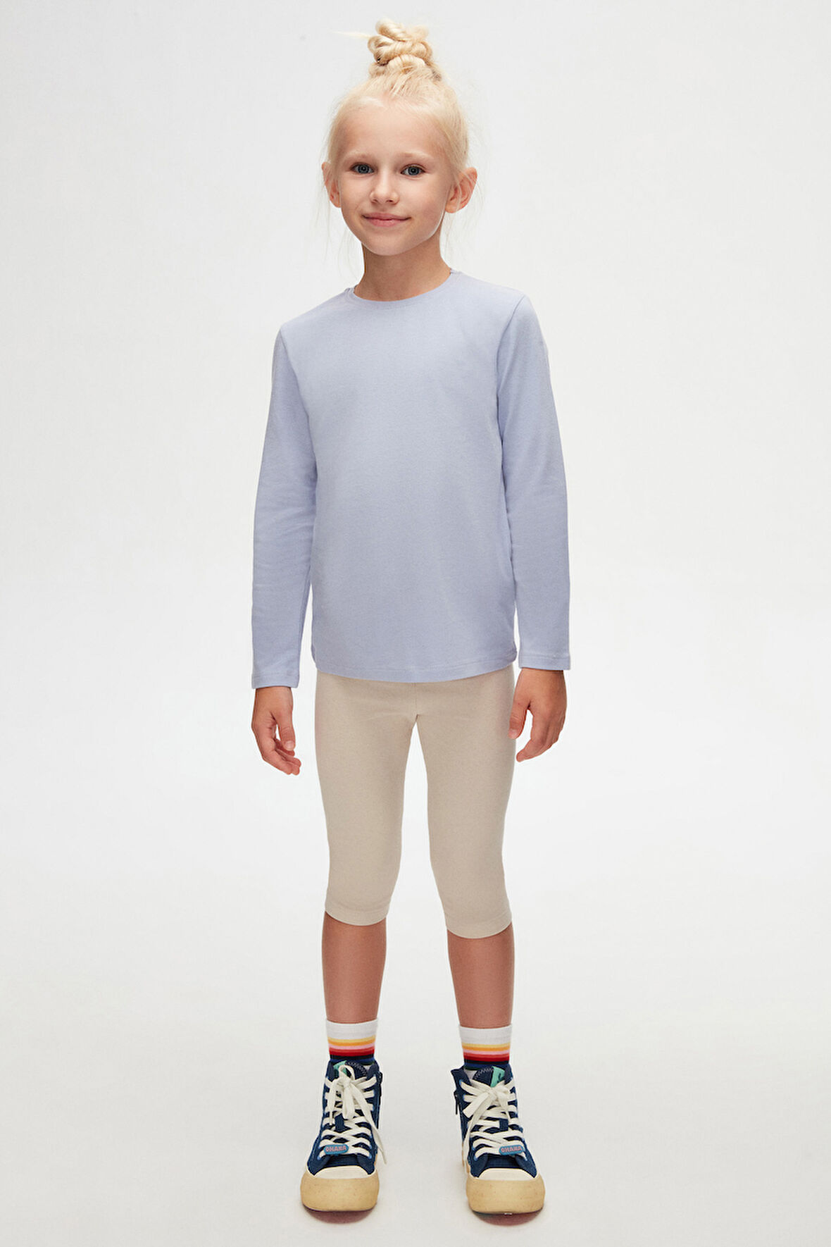 Açık Lila Basic Unisex Çocuk Mevsimlik Sıfır Yaka Uzun Kollu Tişört