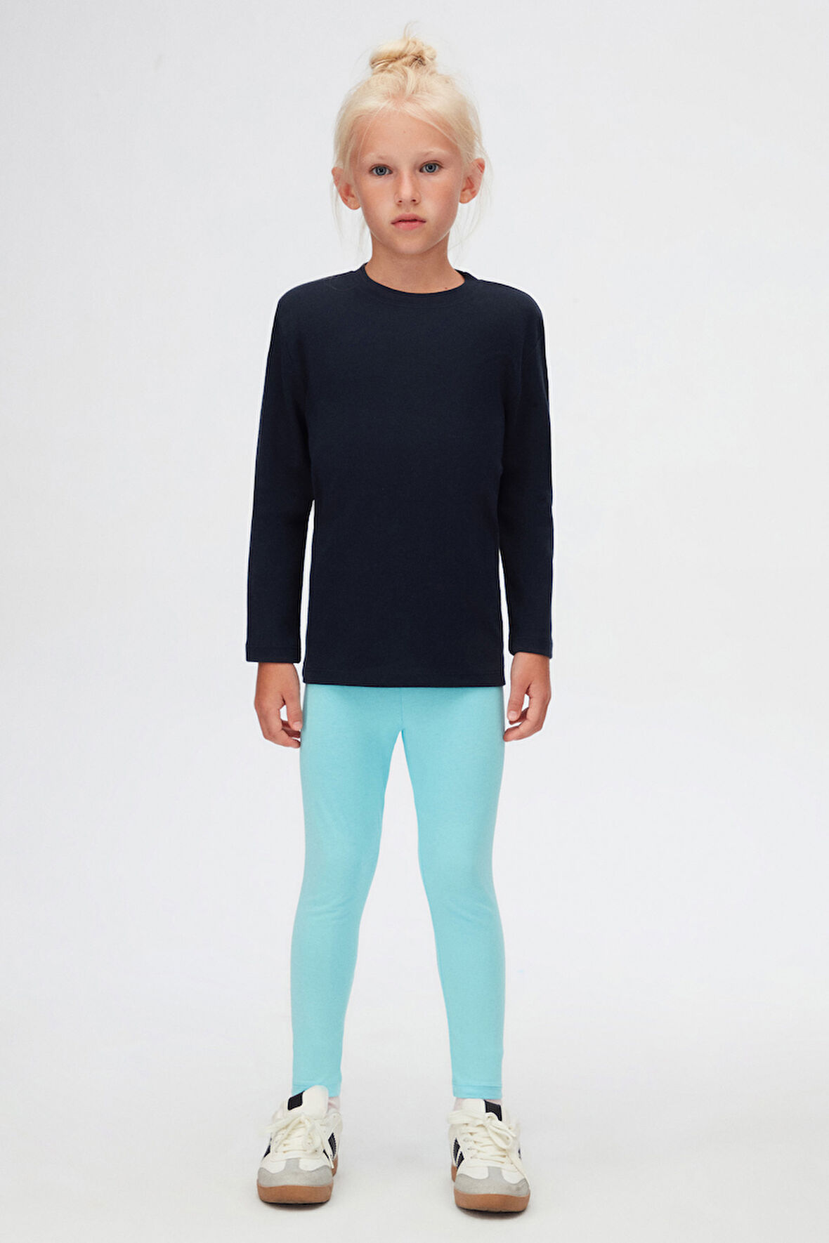 Koyu Lacivert Basic Unisex Çocuk Kışlık Sıfır Yaka Uzun Kollu Tişört