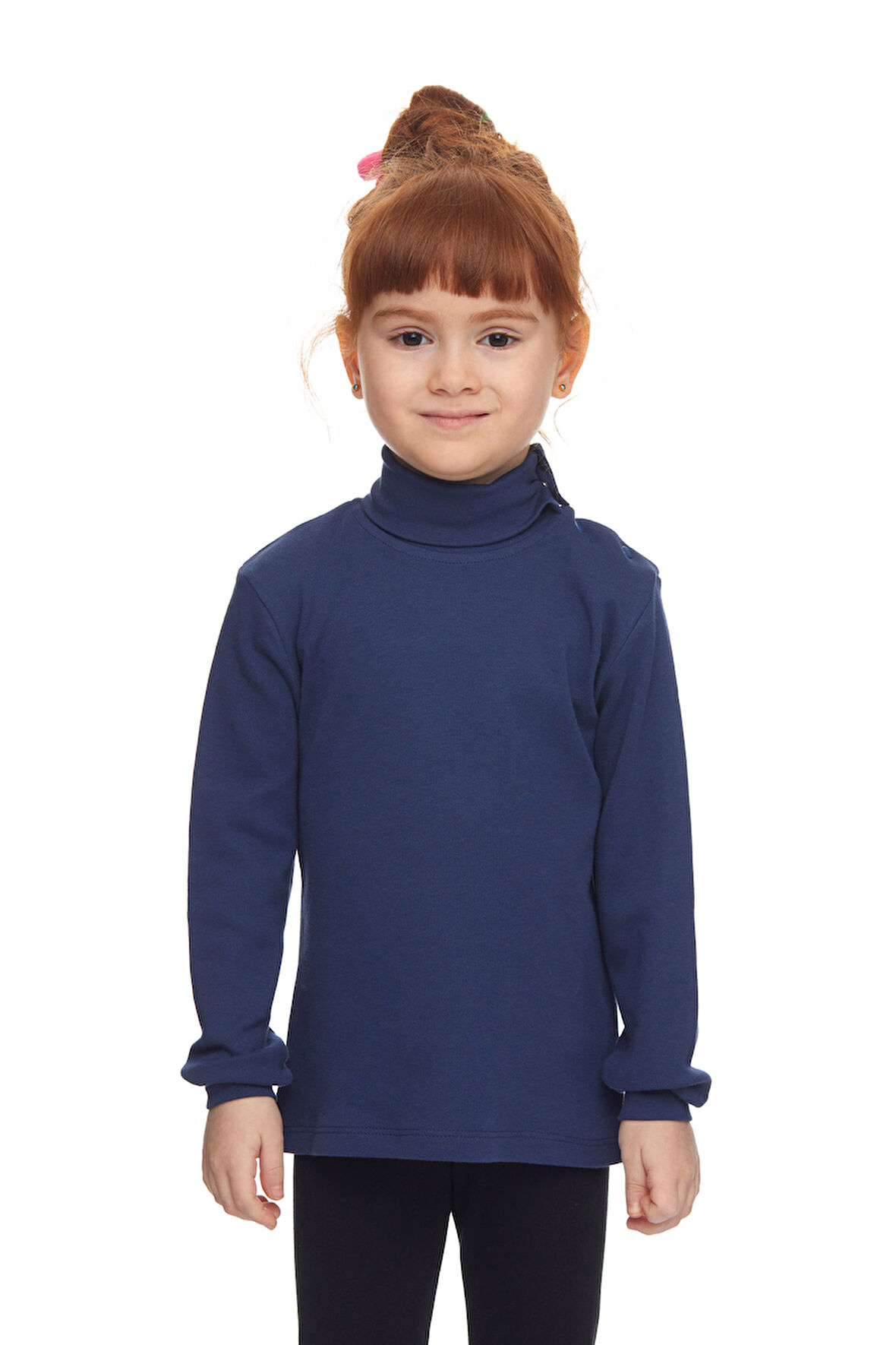Açık Lacivert Basic Kız Çocuk Çıtçıtlı Tam Balıkçı Yaka Şardonlu Kışlık Uzun Kollu Tişört