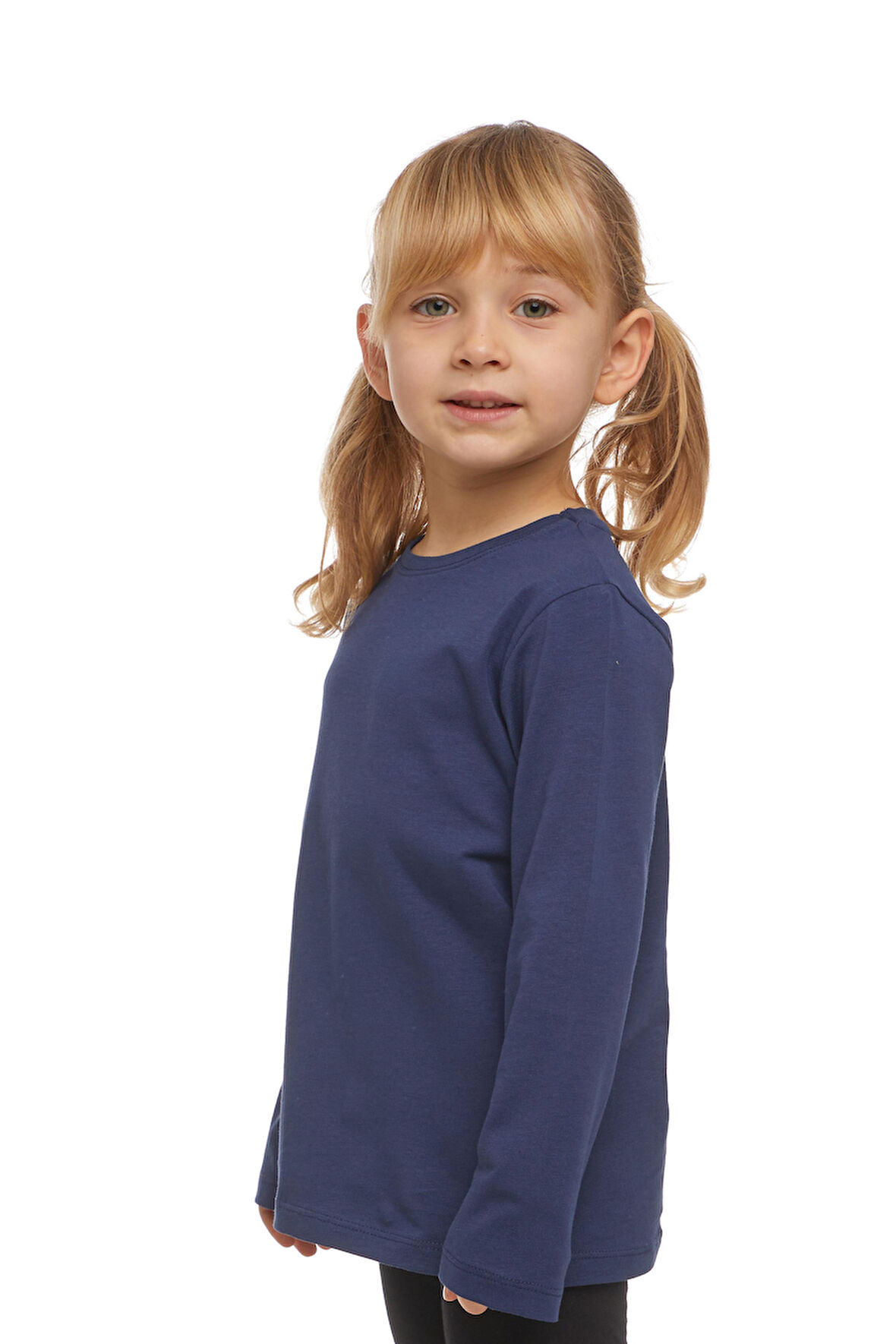 Açık Lacivert Basic Unisex Çocuk Mevsimlik Sıfır Yaka Uzun Kollu Tişört