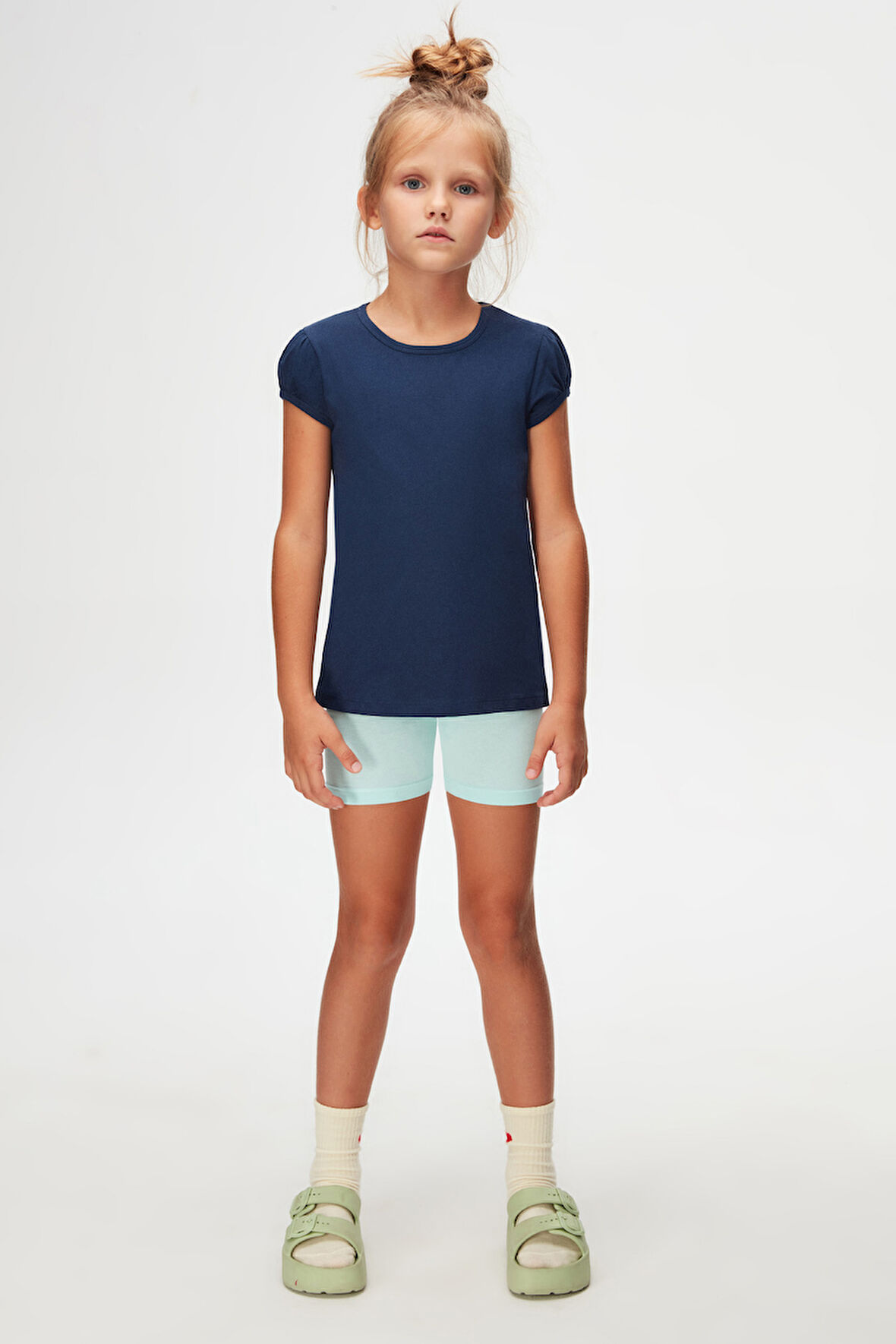 Açık Lacivert Basic Kız Çocuk Sıfır Yaka Karpuz Kol Tişört