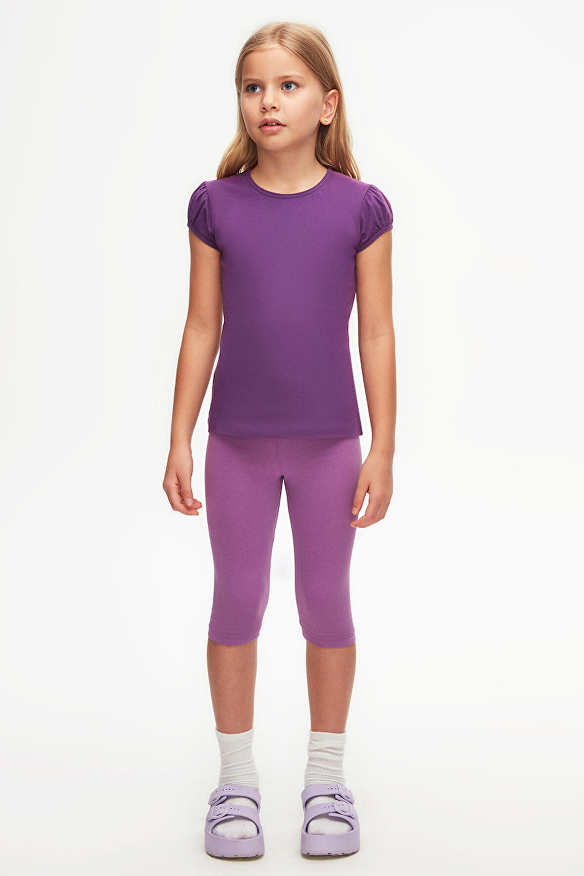 Mor Basic Kız Çocuk Sıfır Yaka Karpuz Kol Tişört