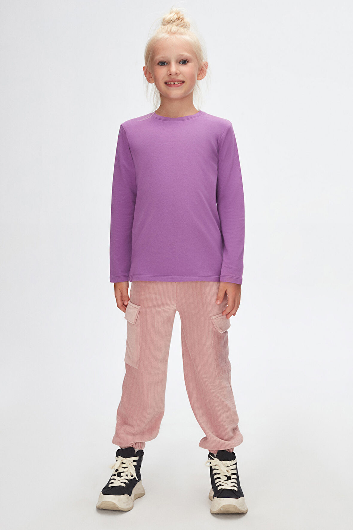 Açık Mor Basic Unisex Çocuk Mevsimlik Sıfır Yaka Uzun Kollu Tişört