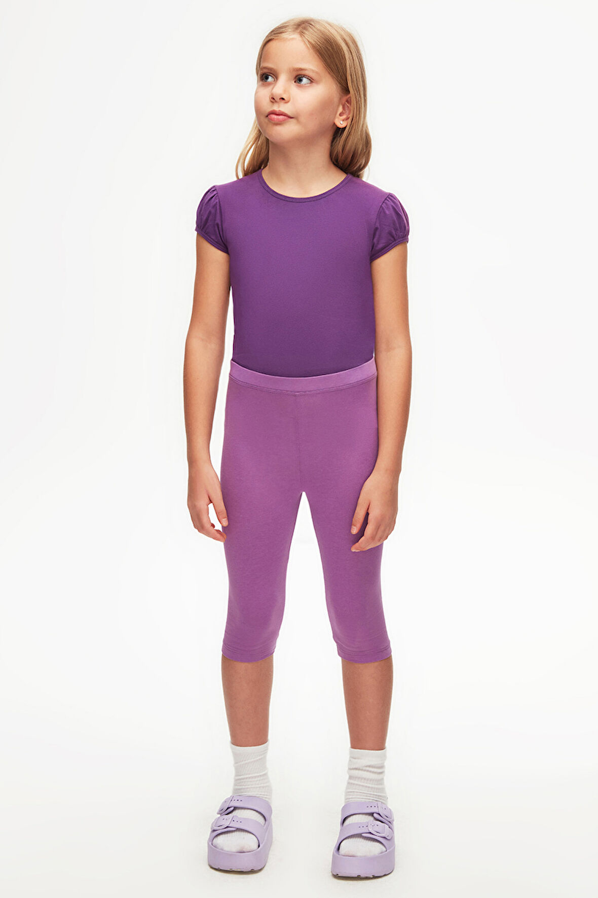 Açık Mor Basic Kız Çocuk Diz Altı Tayt Kapri