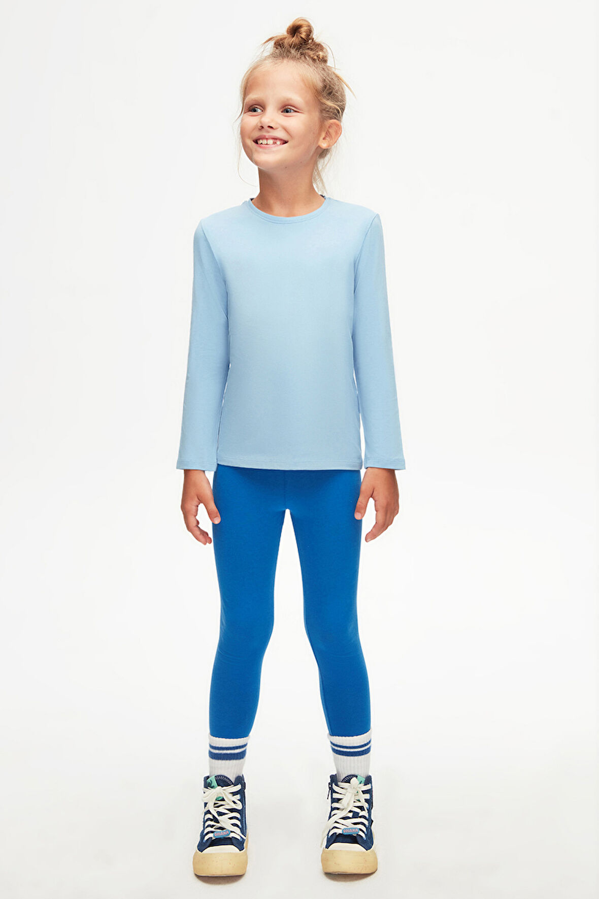 Koyu Mavi Basic Unisex Çocuk Mevsimlik Sıfır Yaka Uzun Kollu Tişört