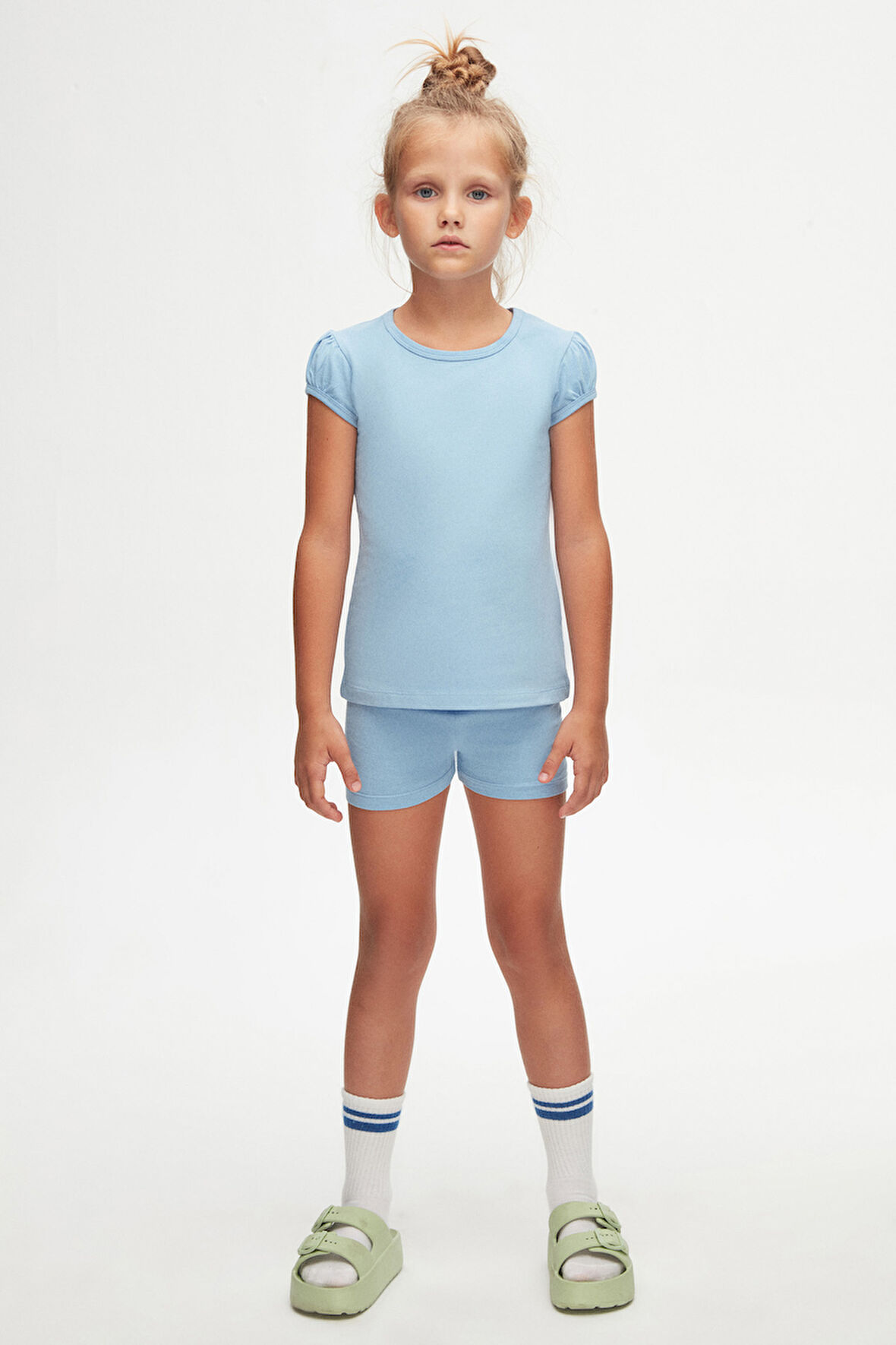 Koyu Mavi Basic Kız Çocuk Sıfır Yaka Karpuz Kol Tişört