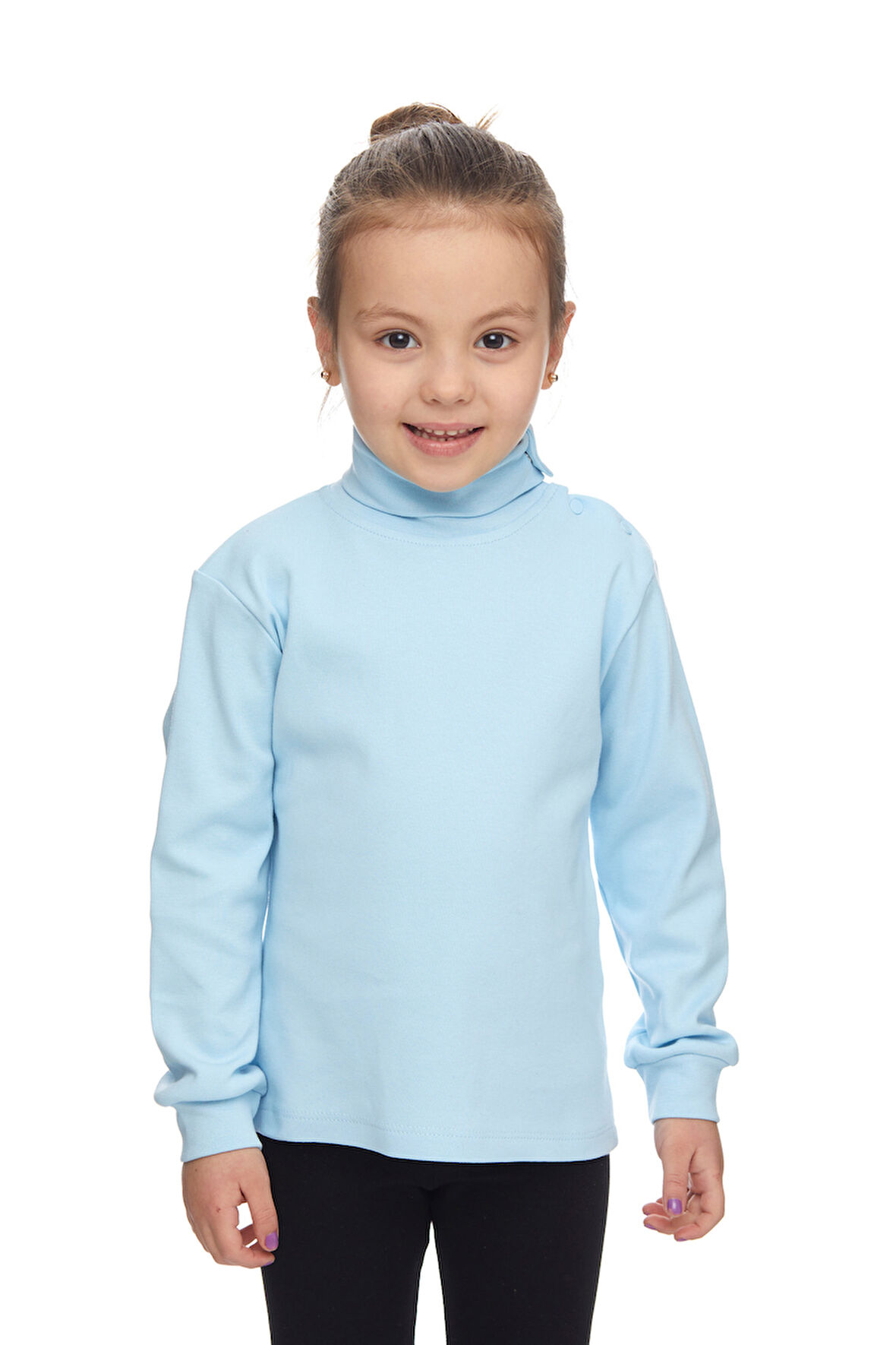 Bebek Mavisi Basic Kız Çocuk Çıtçıtlı Tam Balıkçı Yaka Şardonlu Kışlık Uzun Kollu Tişört