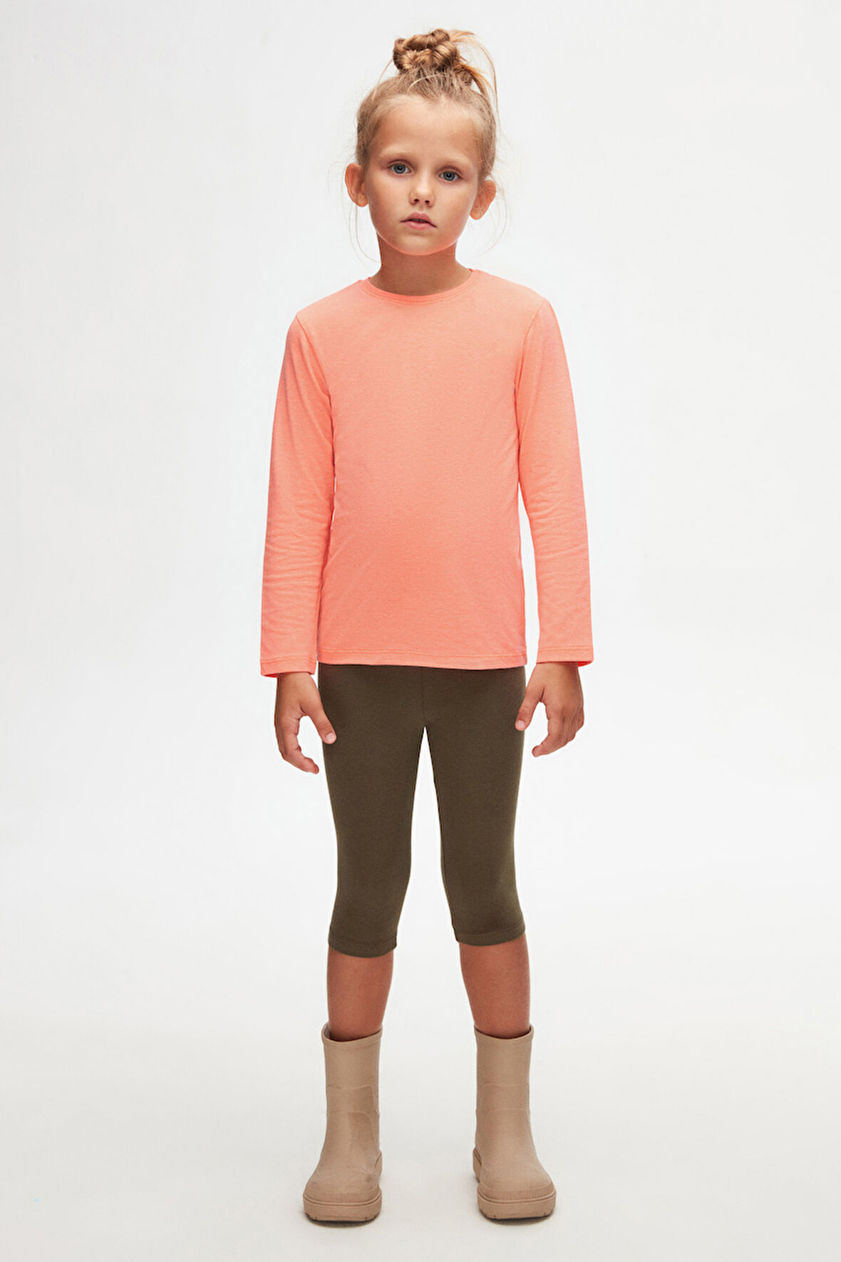 Fosfor Turuncu Basic Unisex Çocuk Mevsimlik Sıfır Yaka Uzun Kollu Tişört