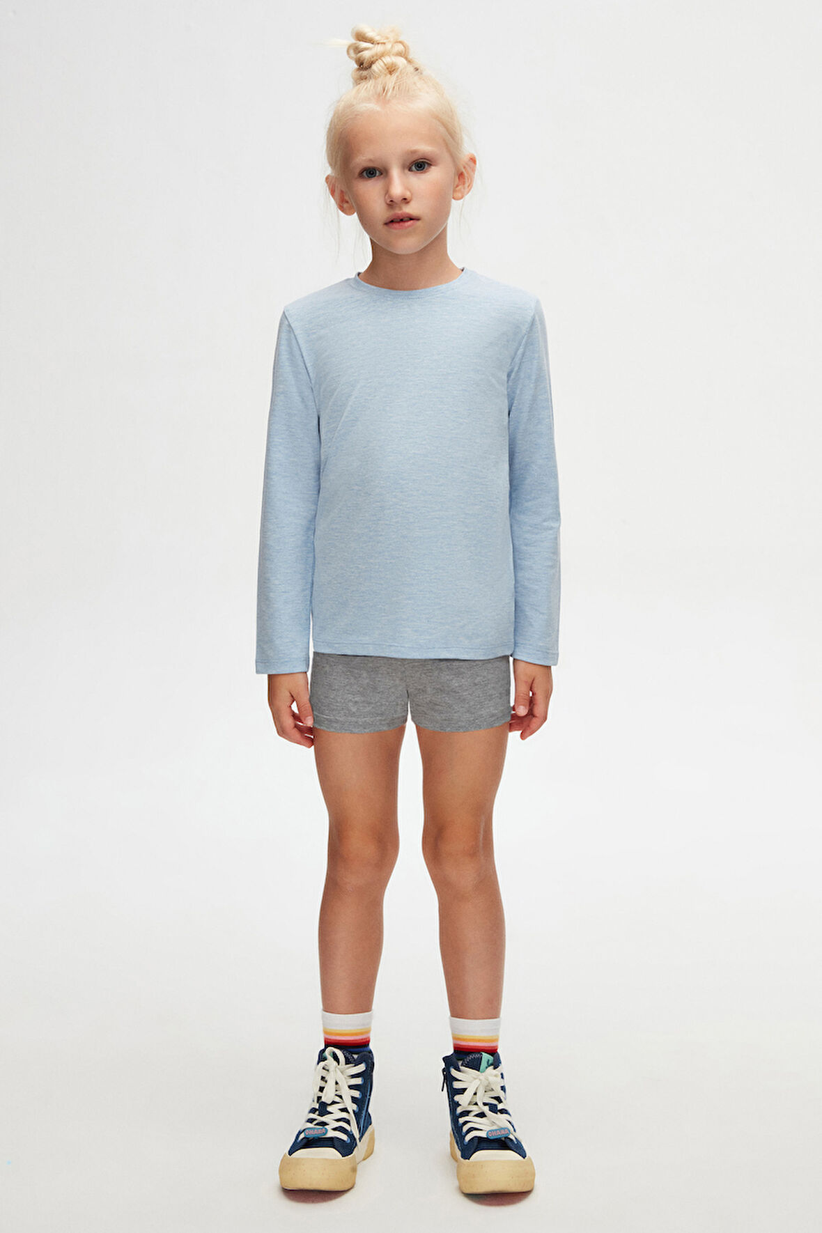 Mavi Melanj Basic Unisex Çocuk Mevsimlik Sıfır Yaka Uzun Kollu Tişört