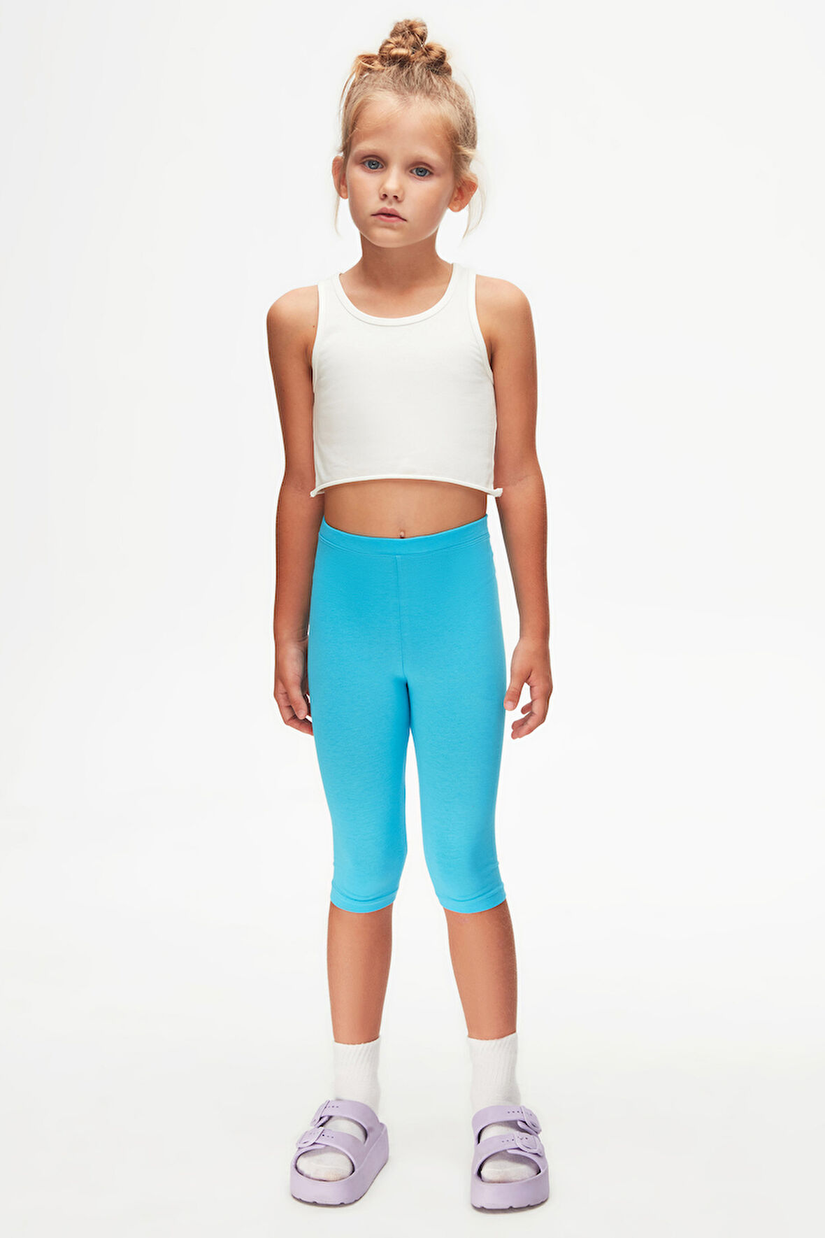 Okyanus Mavi Kız Çocuk Düz Basıc Diz Altı Kapri