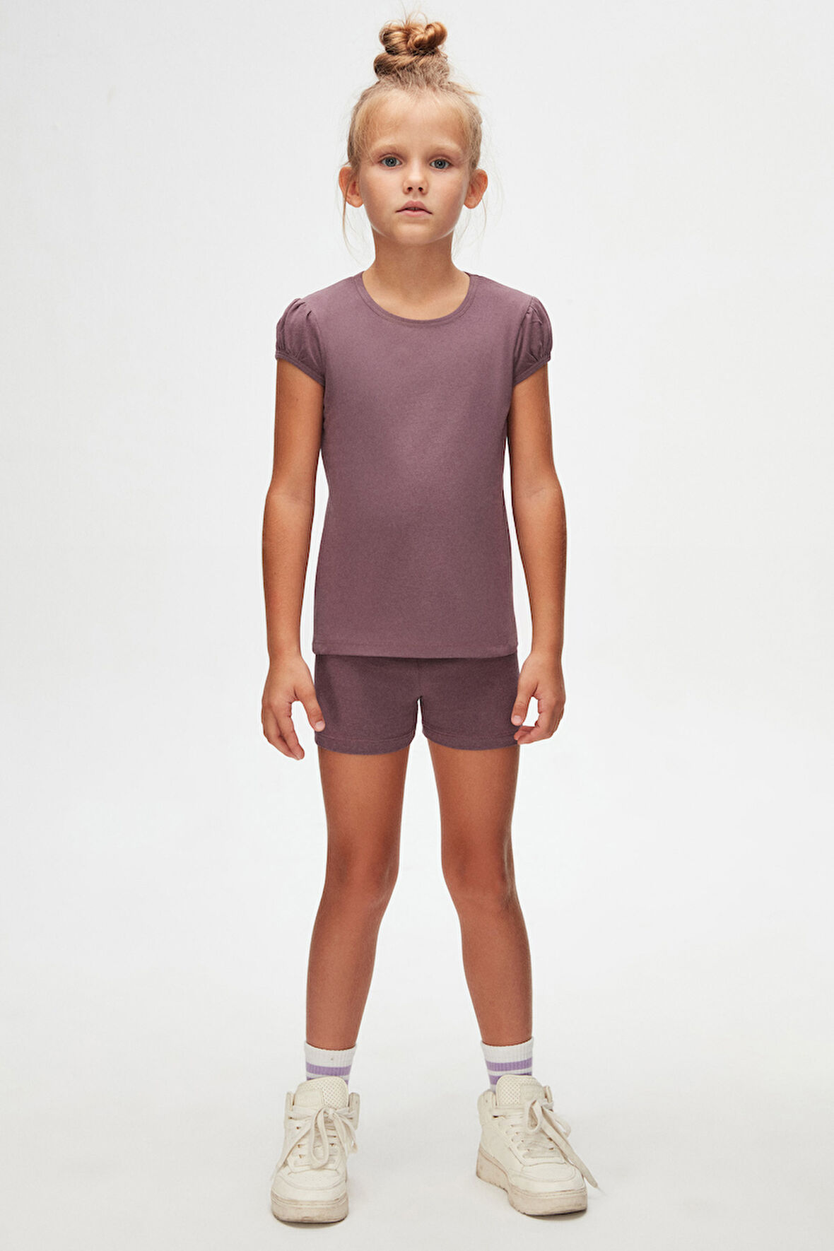 Soft Mor Kız Çocuk Sıfır Yaka Karpuz Kol Tişört