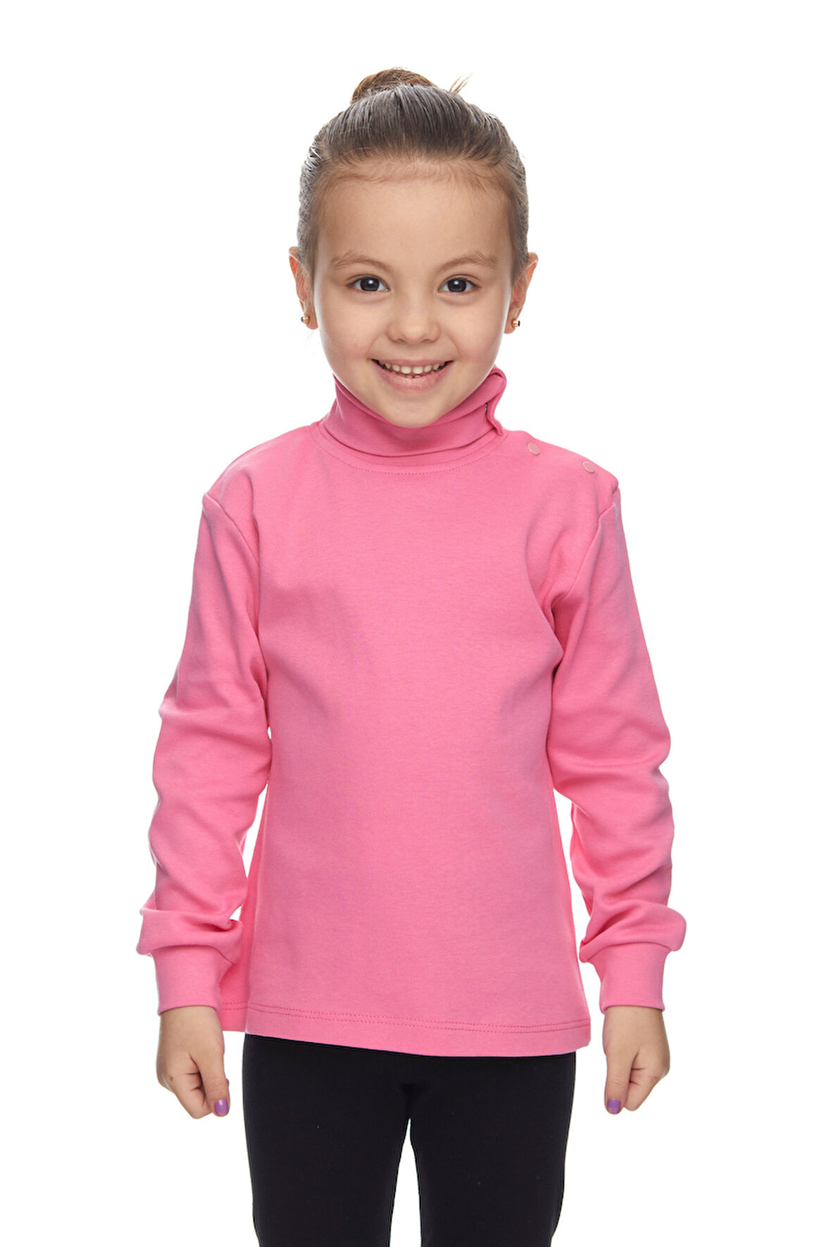 Şeker pembe Basic Kız Çocuk Çıtçıtlı Tam Balıkçı Yaka Şardonlu Kışlık Uzun Kollu Tişört