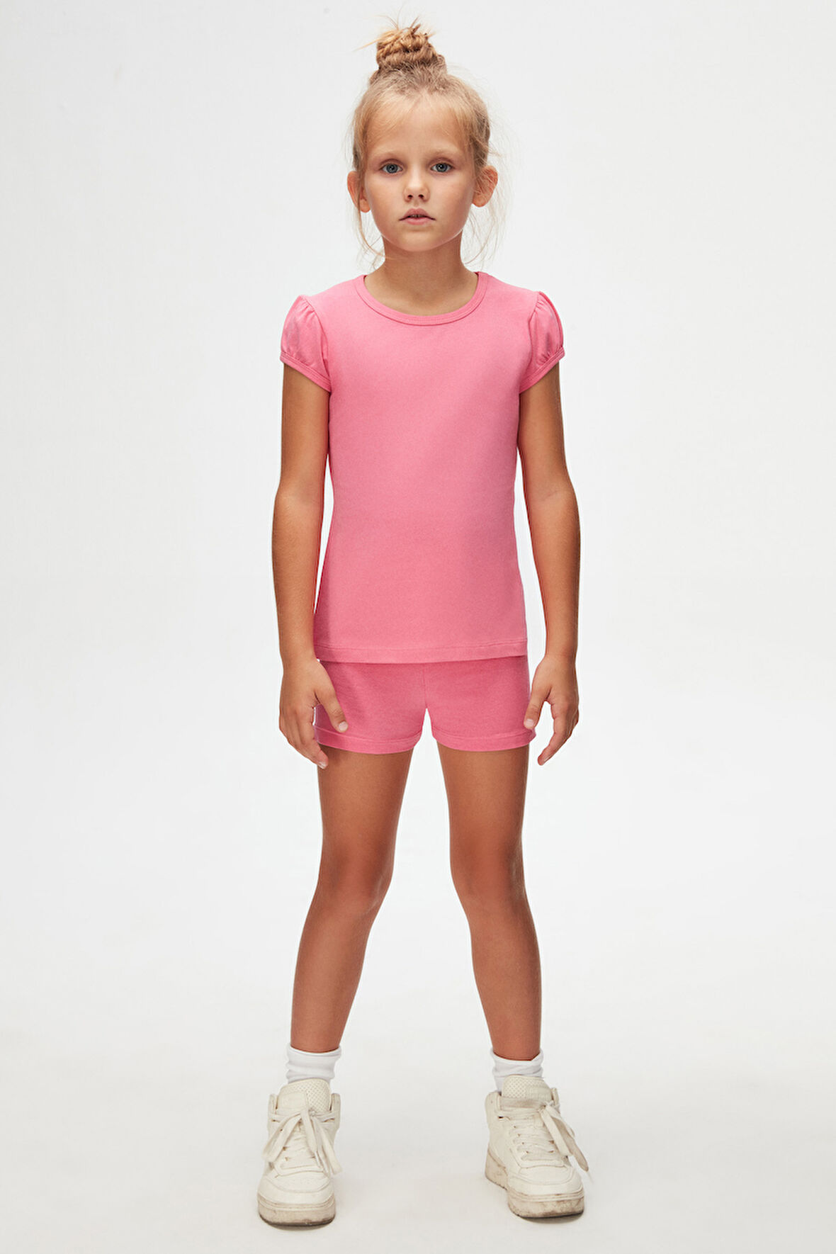 Şeker pembe Basic Kız Çocuk Sıfır Yaka Karpuz Kol Tişört