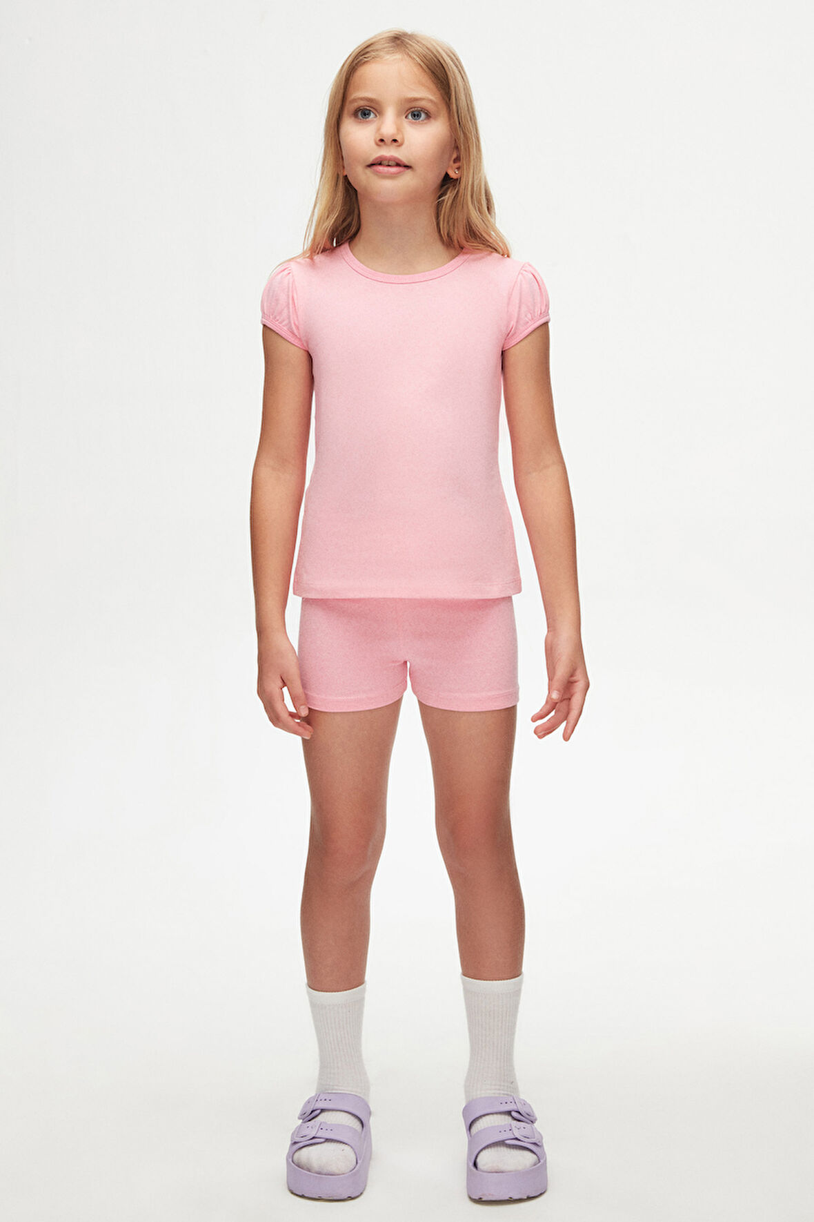 Pembe Basic Kız Çocuk Sıfır Yaka Karpuz Kol Tişört