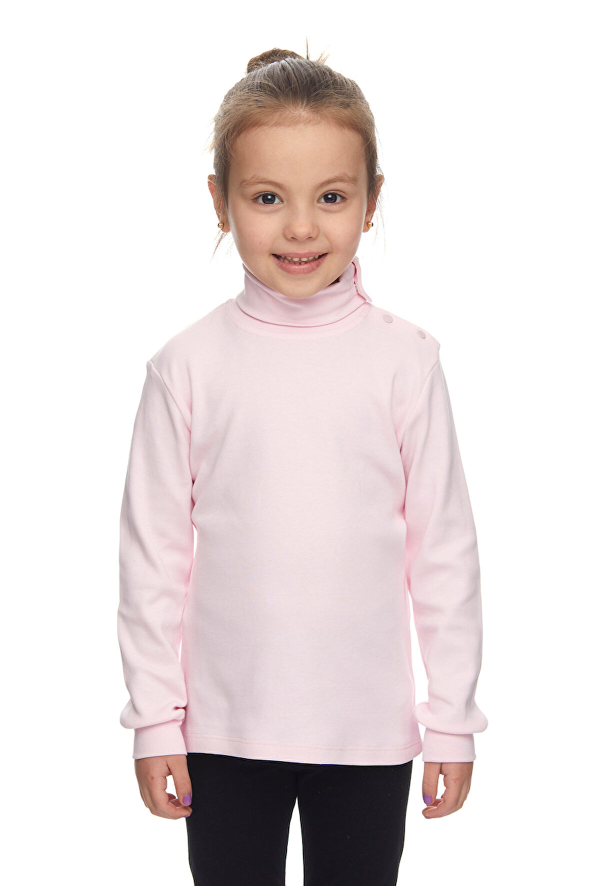 Uçuk pembe Basic Kız Çocuk Çıtçıtlı Tam Balıkçı Yaka Şardonlu Kışlık Uzun Kollu Tişört