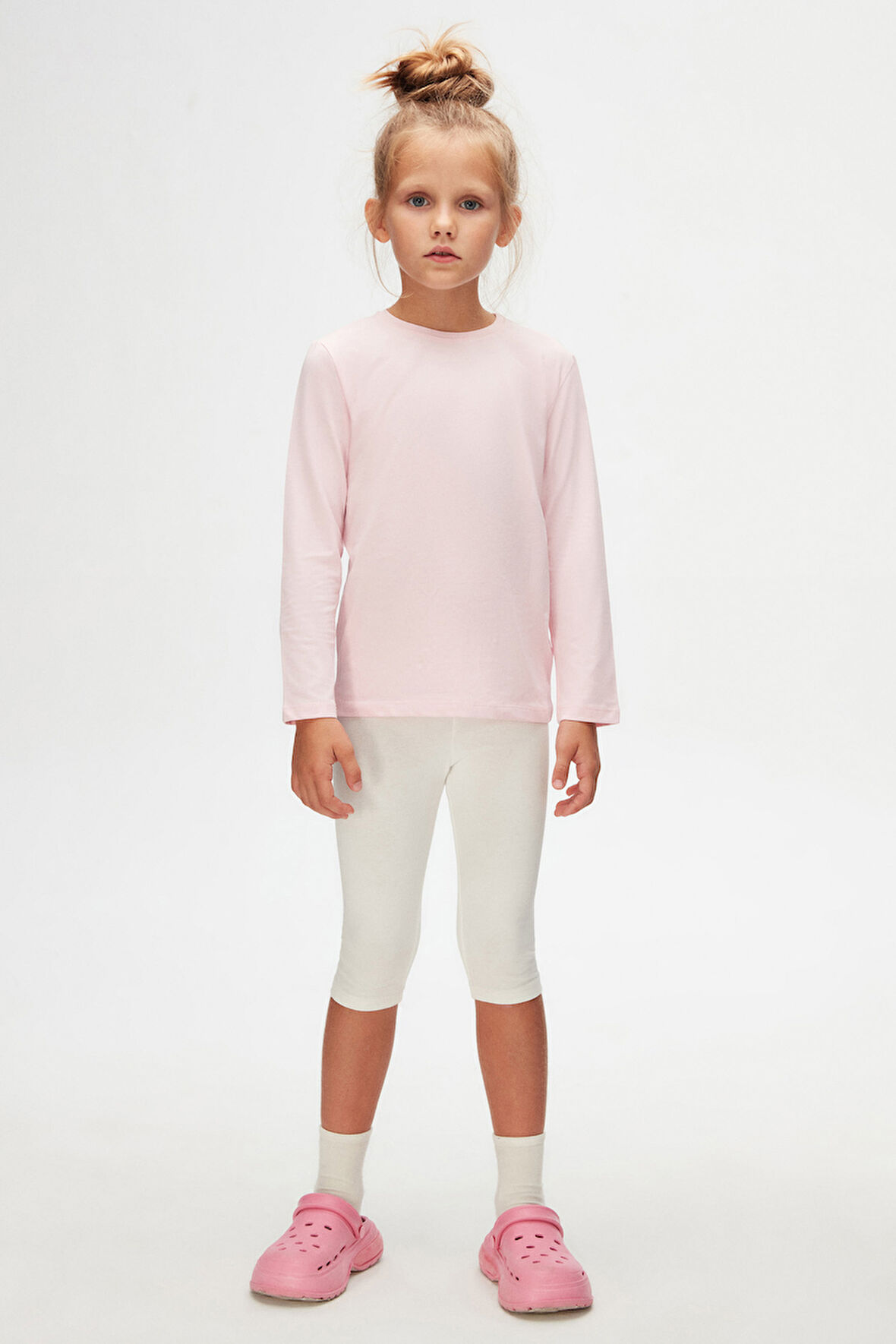 Uçuk pembe Basic Unisex Çocuk Mevsimlik Sıfır Yaka Uzun Kollu Tişört