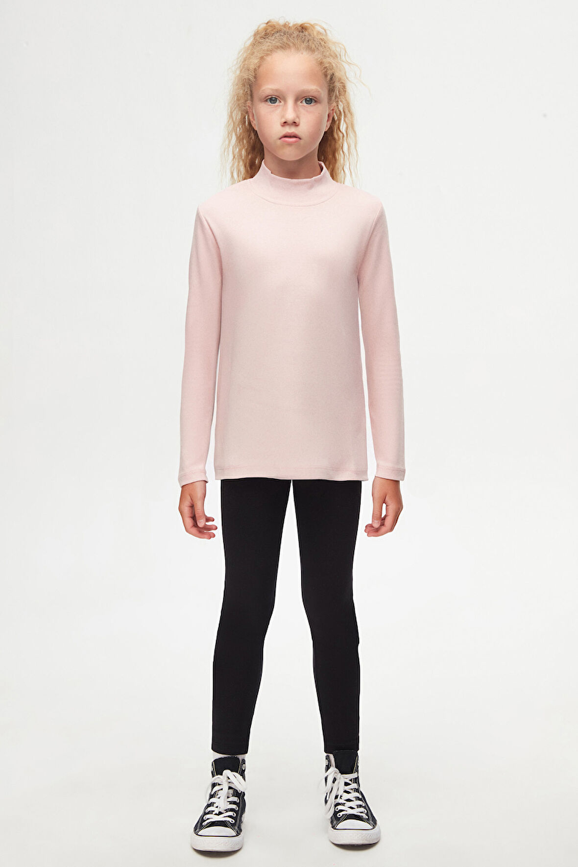Pudra Pembe Basic Kışlık Yarım Balıkçı Yaka Uzun Kollu Kız Çocuk Tişört