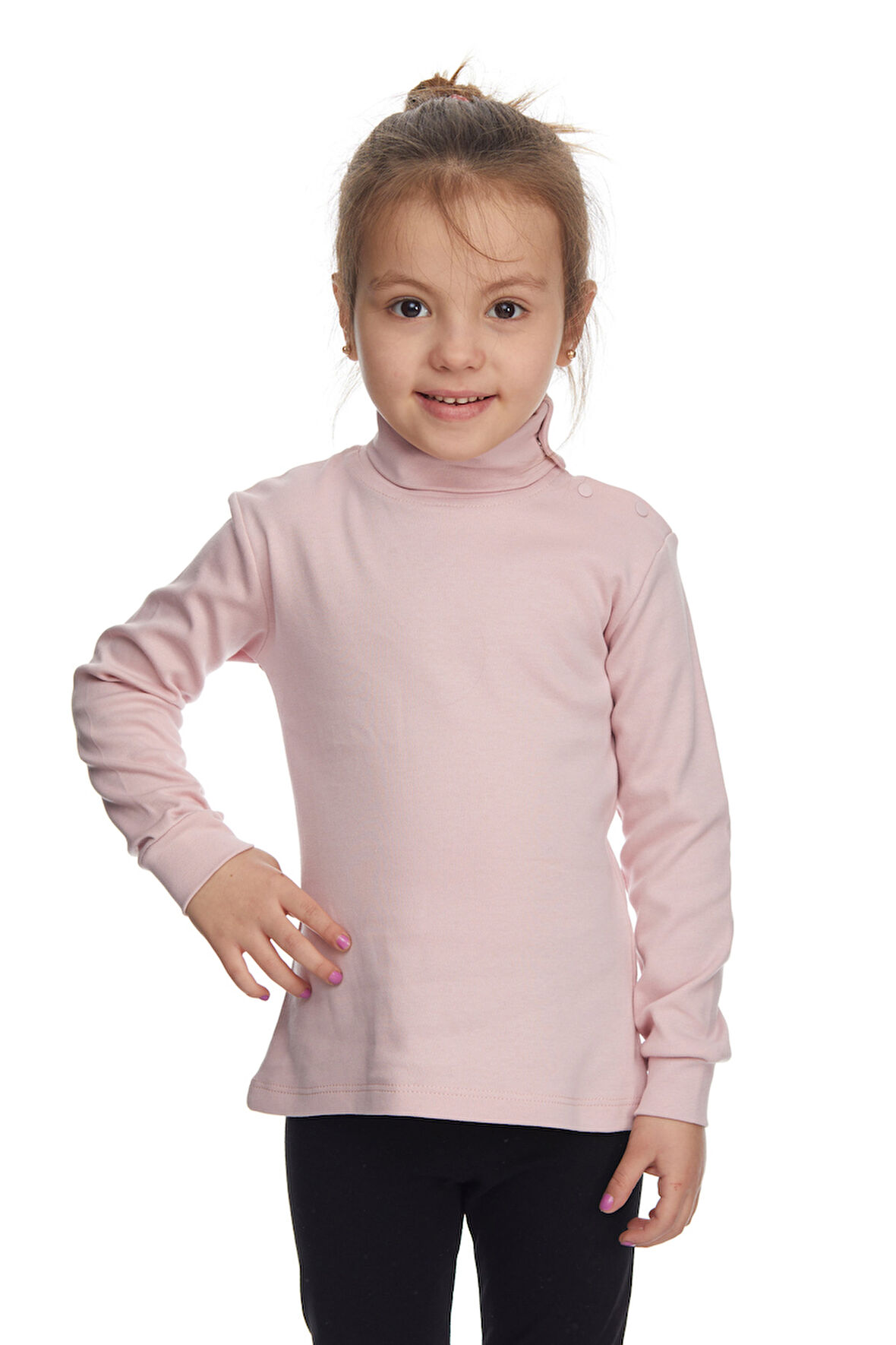Pudra Pembe Basic Kız Çocuk Çıtçıtlı Tam Balıkçı Yaka Şardonlu Kışlık Uzun Kollu Tişört