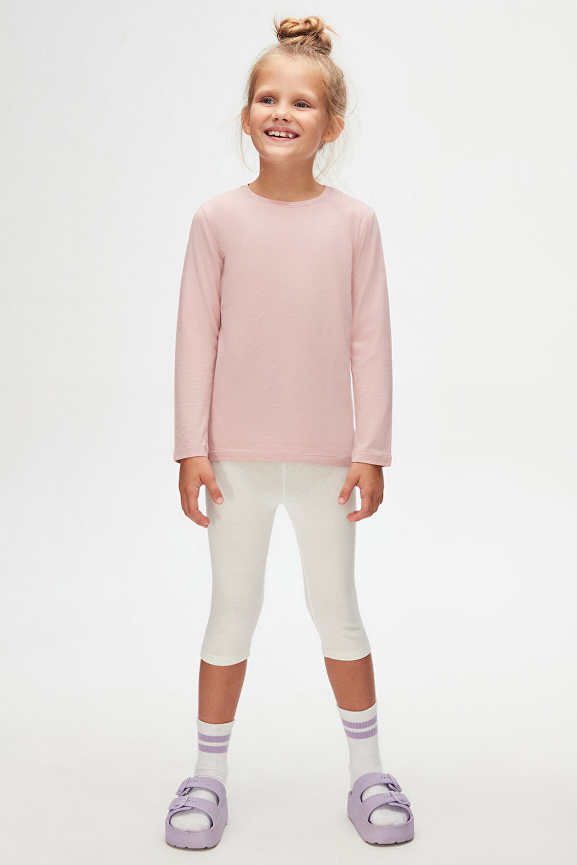 Pudra Pembe Basic Unisex Çocuk Mevsimlik Sıfır Yaka Uzun Kollu Tişört