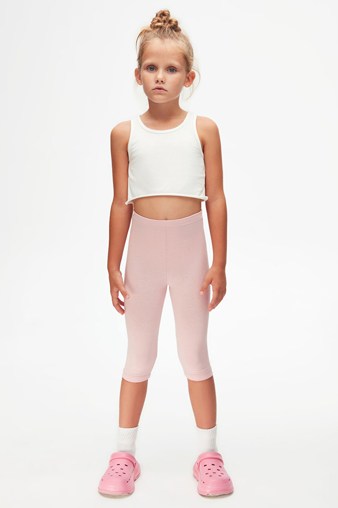 Pudra Pembe Basic Kız Çocuk Diz Altı Tayt Kapri