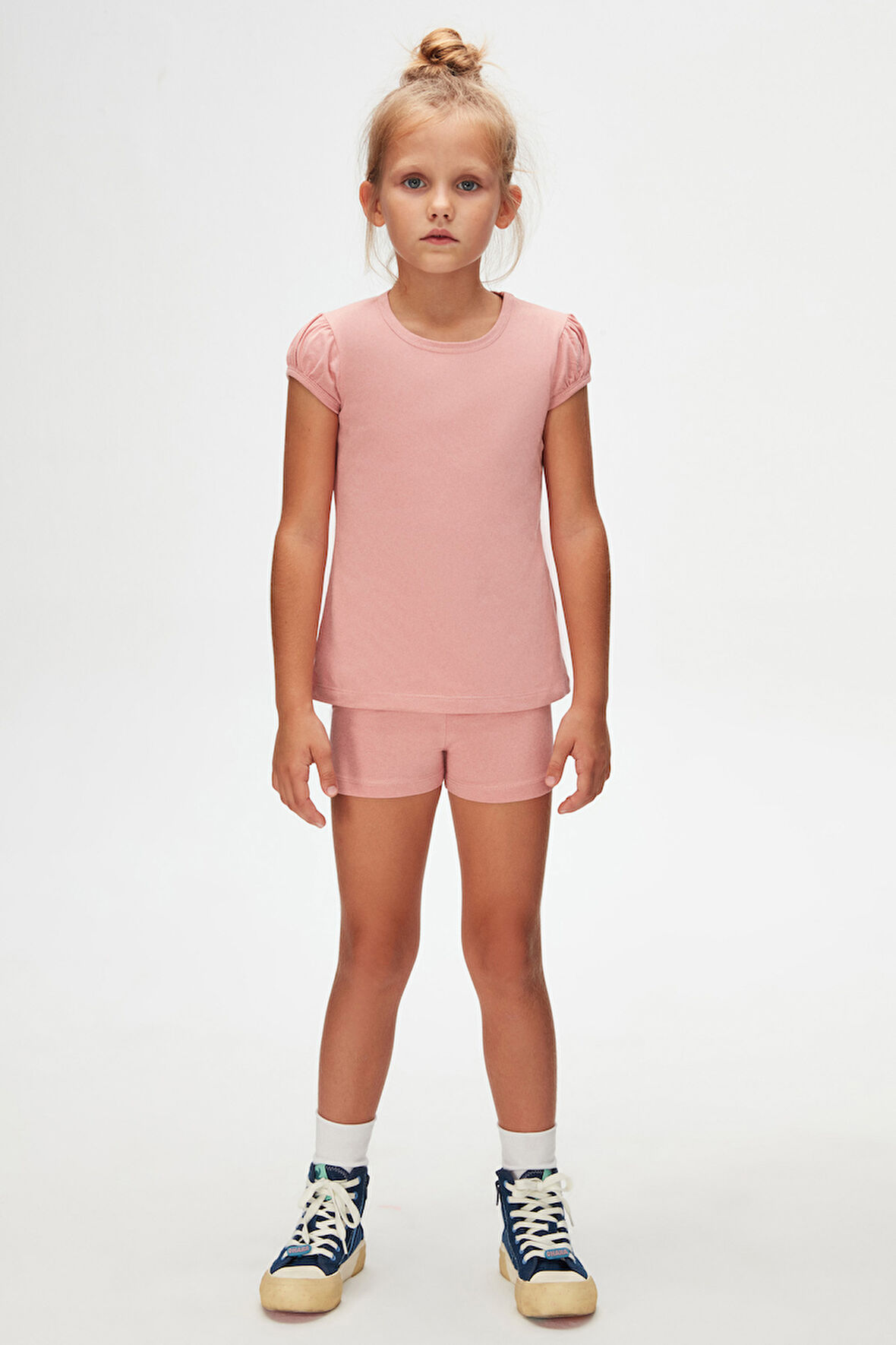 Koyu Pudra Basic Kız Çocuk Sıfır Yaka Karpuz Kol Tişört