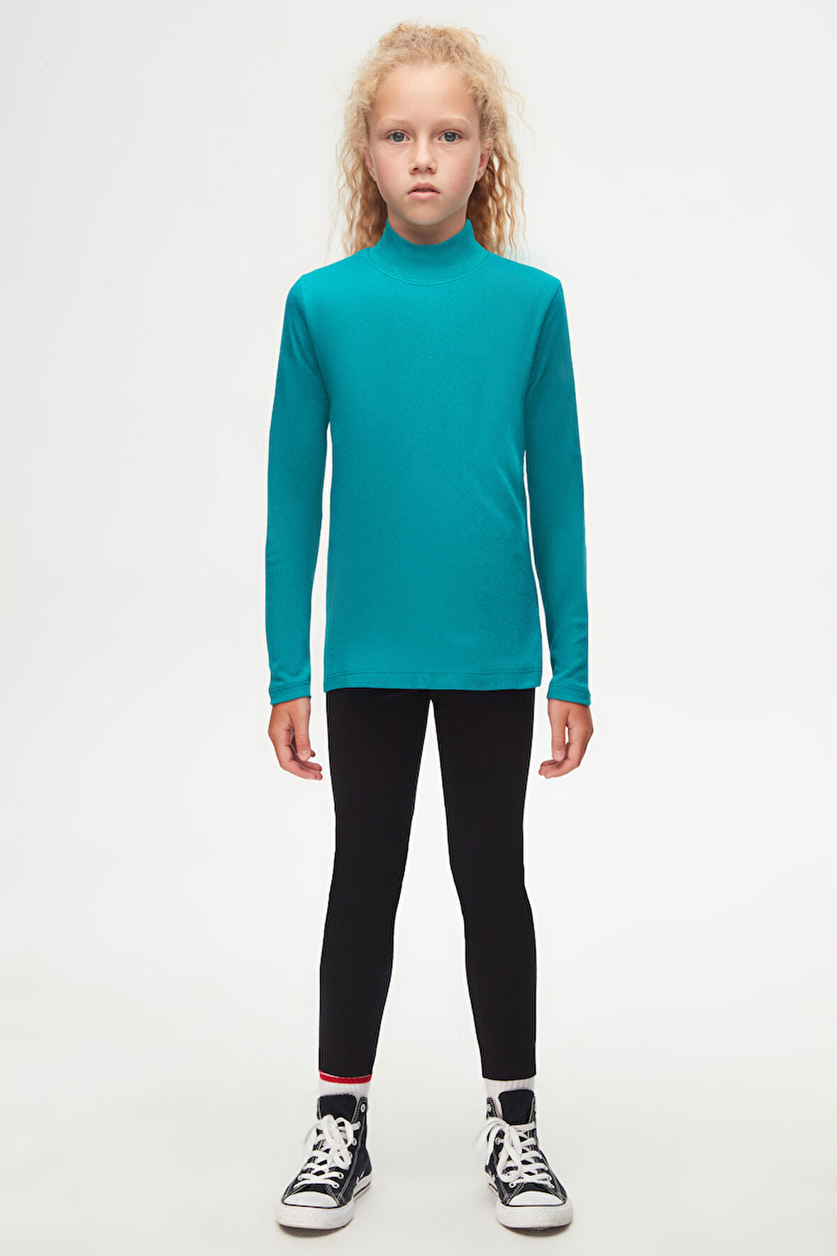 Koyu Petrol Basic Kışlık Yarım Balıkçı Yaka Uzun Kollu Kız Çocuk Tişört