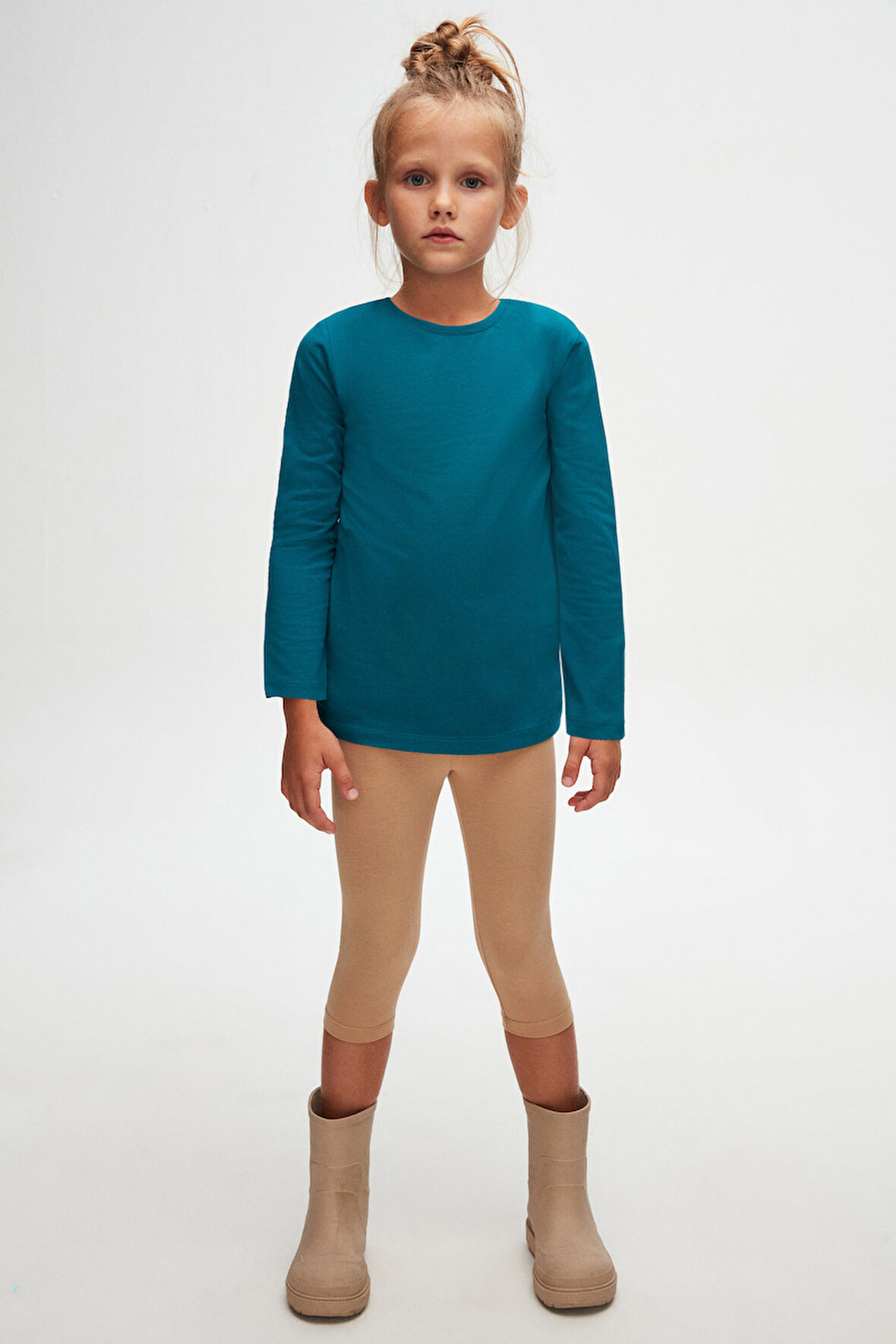 Koyu Petrol Basic Unisex Çocuk Mevsimlik Sıfır Yaka Uzun Kollu Tişört