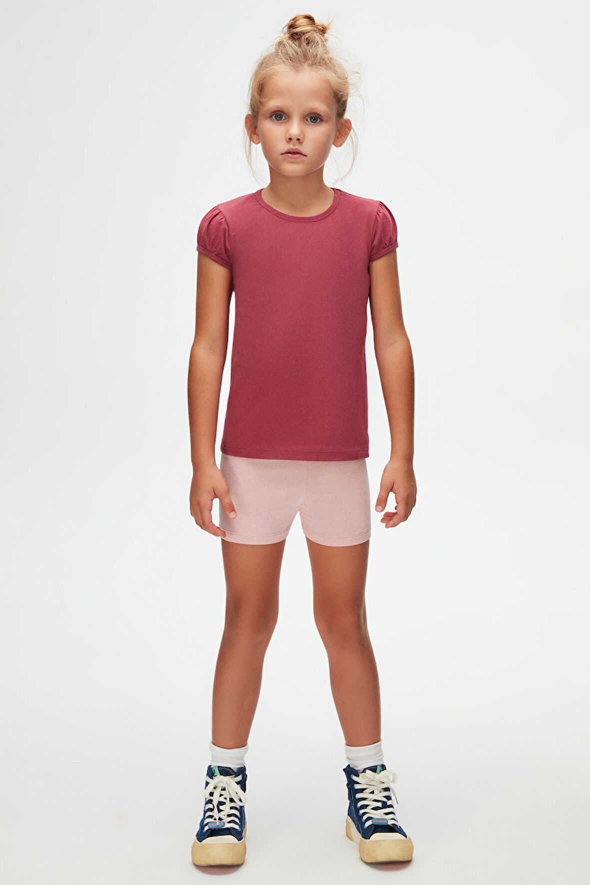 Açık Mürdüm Basic Kız Çocuk Sıfır Yaka Karpuz Kol Tişört