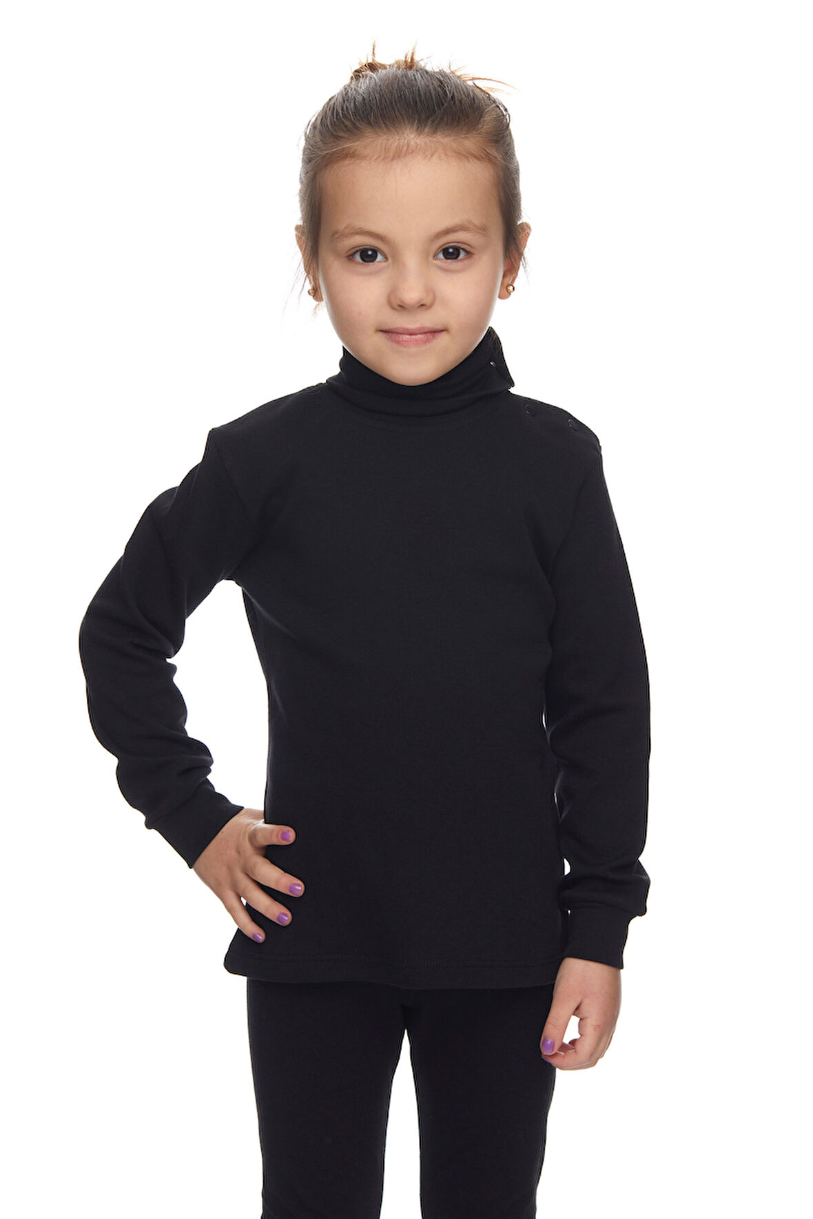 Siyah Basic Kız Çocuk Çıtçıtlı Tam Balıkçı Yaka Şardonlu Kışlık Uzun Kollu Tişört