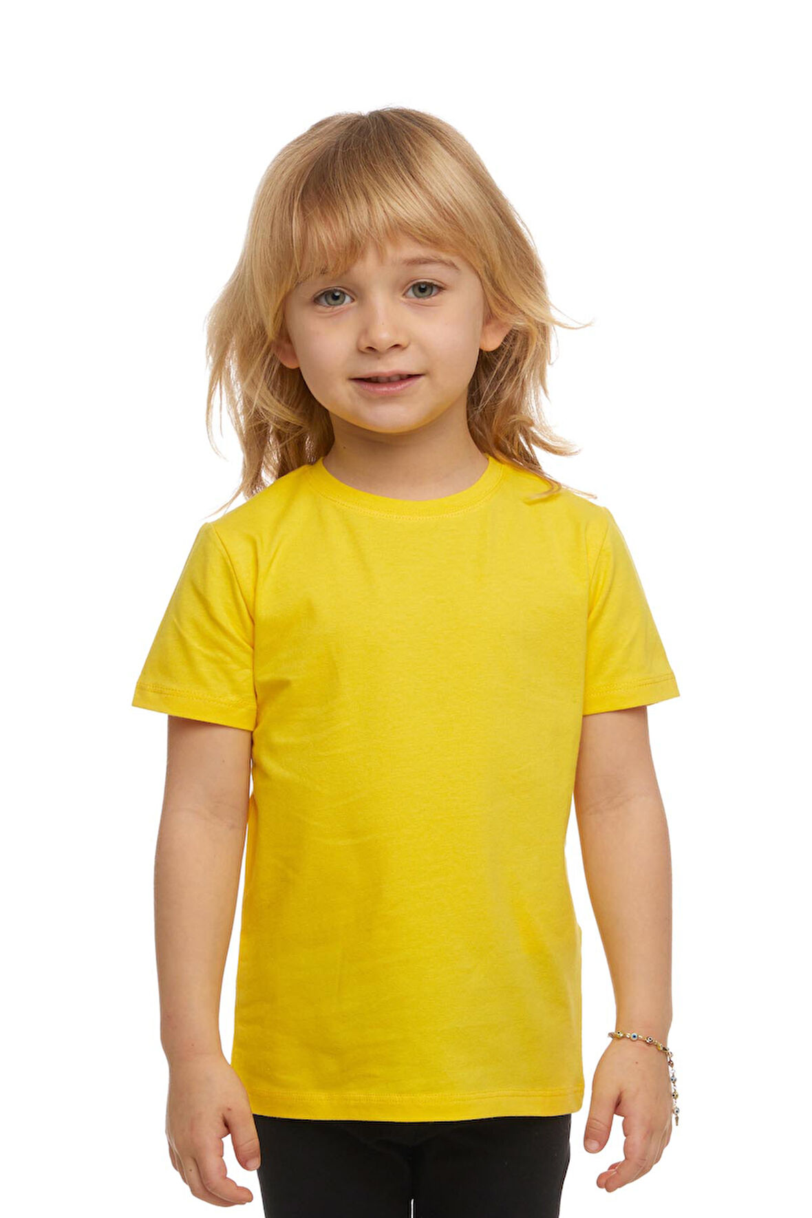Sarı Basic Unisex Çocuk Sıfır Yaka Kısa Kollu Tişört