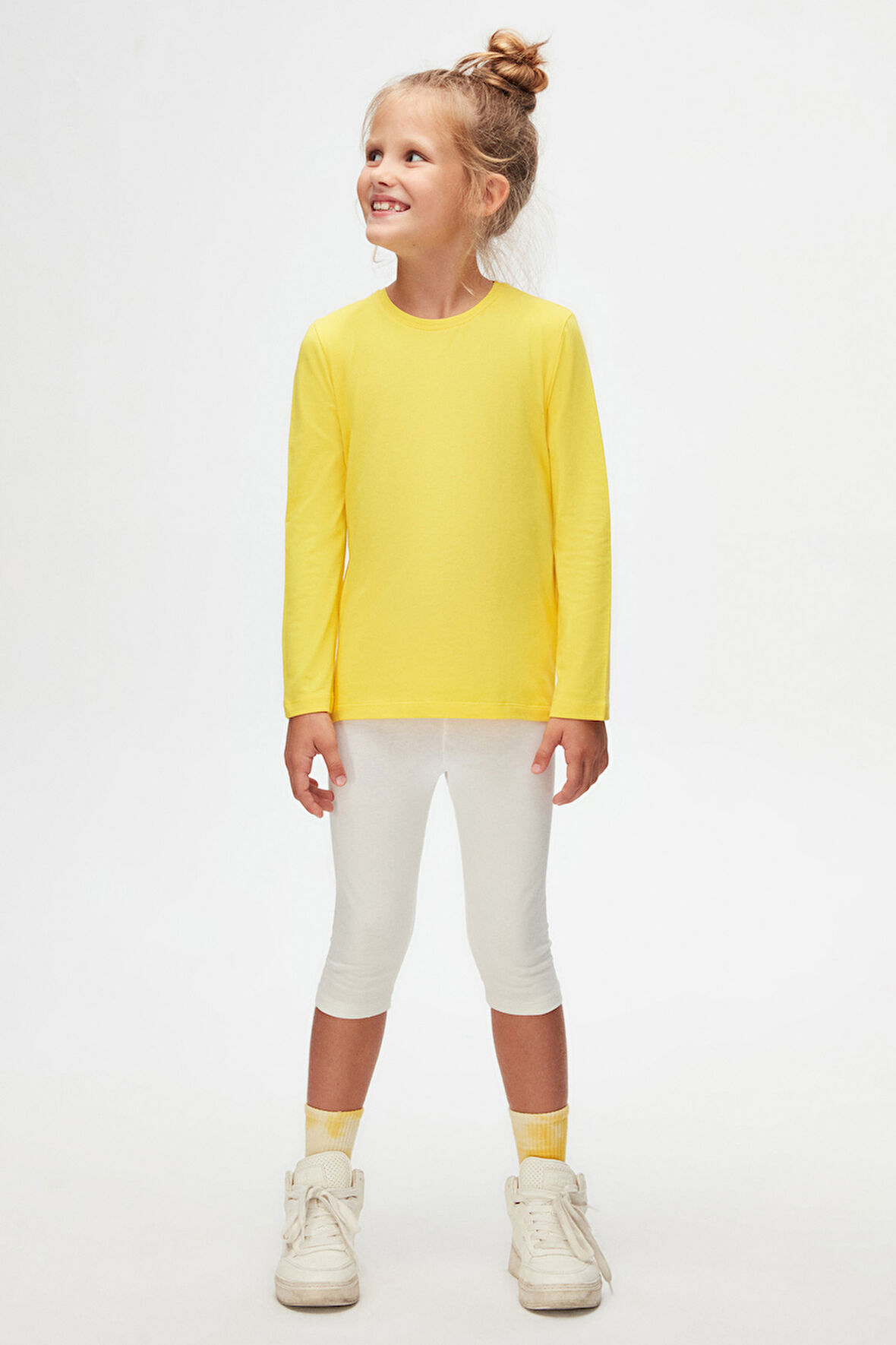 Sarı Basic Unisex Çocuk Mevsimlik Sıfır Yaka Uzun Kollu Tişört