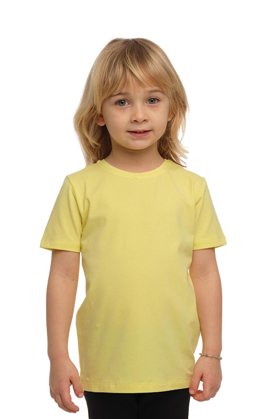 Açık Sarı Basic Unisex Çocuk Sıfır Yaka Kısa Kollu Tişört