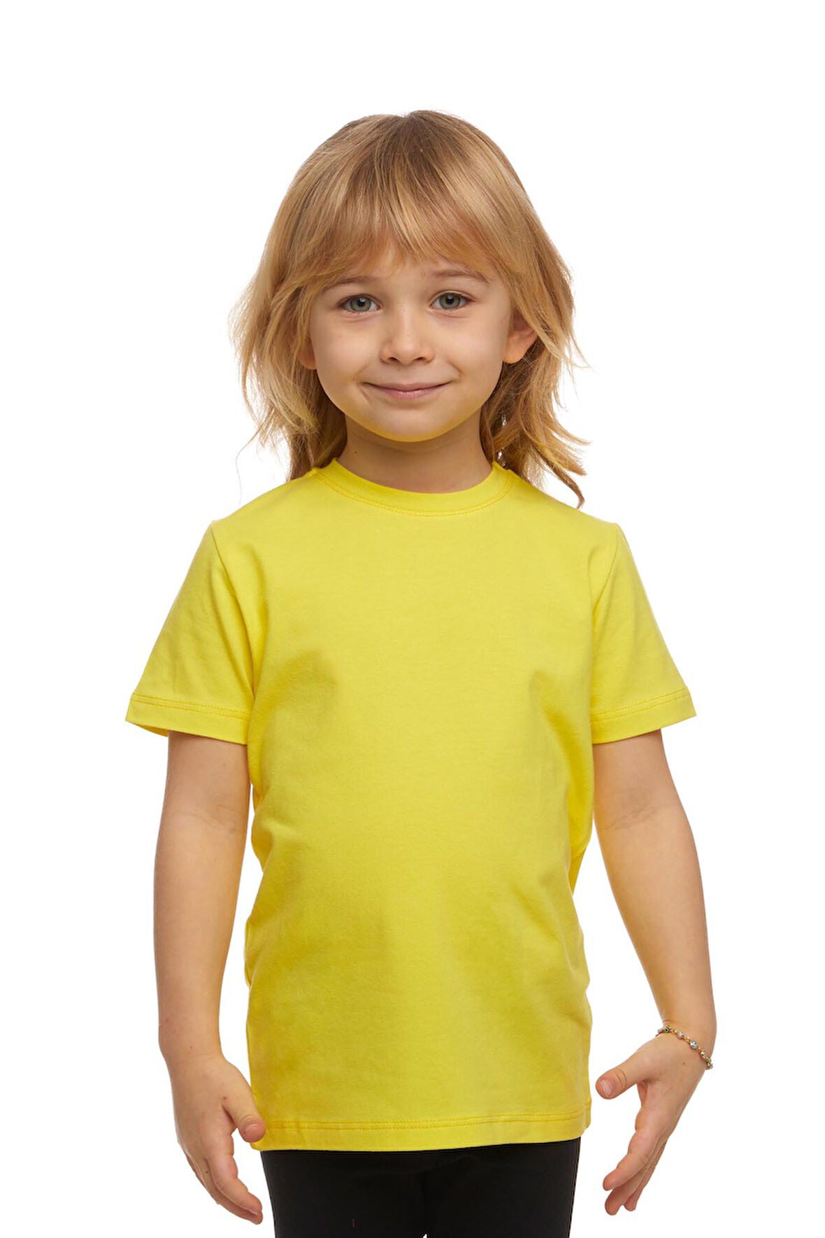 Fosforlu Sarı Basic Unisex Çocuk Sıfır Yaka Kısa Kollu Tişört