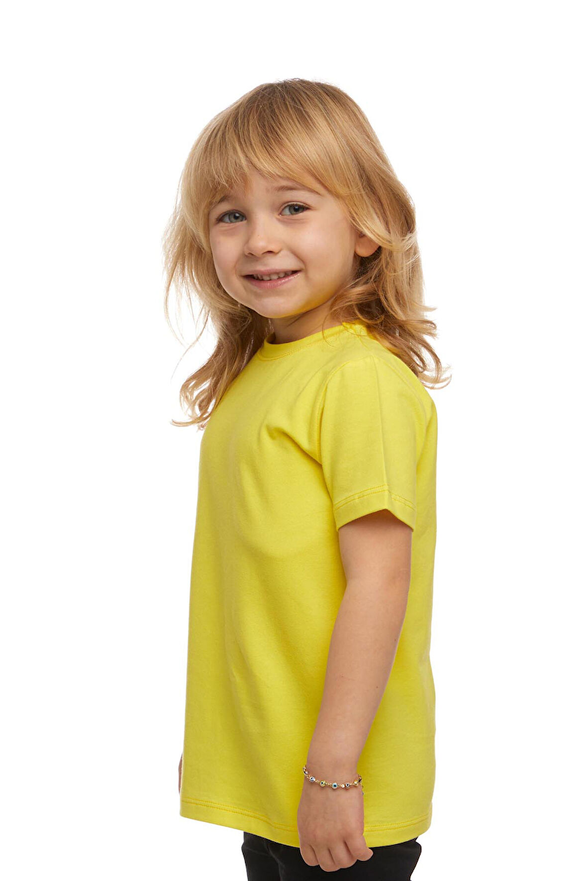 Fosforlu Sarı Basic Unisex Çocuk Sıfır Yaka Kısa Kollu Tişört